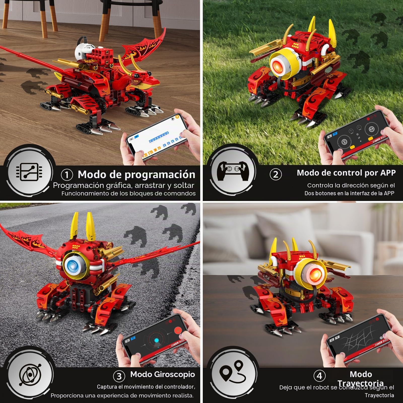 HOGOKIDS - 5 en 1 Juego de Bloques de construcción de Robot dragón con 6 Colores de iluminación y 5 Efectos de luz - 354 Piezas de Juguete Robot controlado por Control Remoto y App, Regalo para niños