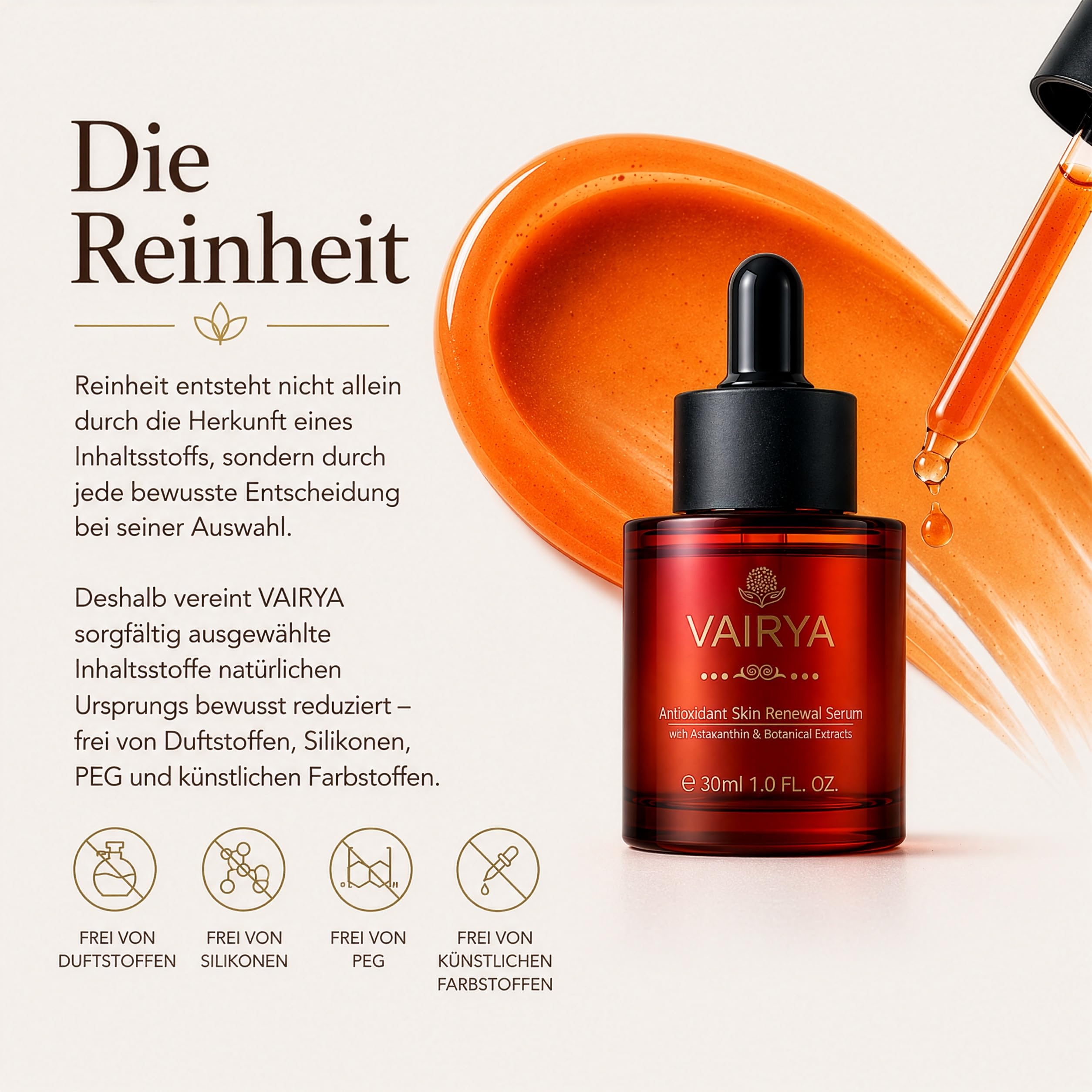 Astaxanthin Gesichtsserum 30 ml – Retinolfreies Anti-Aging Serum mit natürlichem Astaxanthin aus Mikroalgen, japanischen Pflanzenextrakten & Grüntee – Entwickelt in Deutschland | VAIRYA