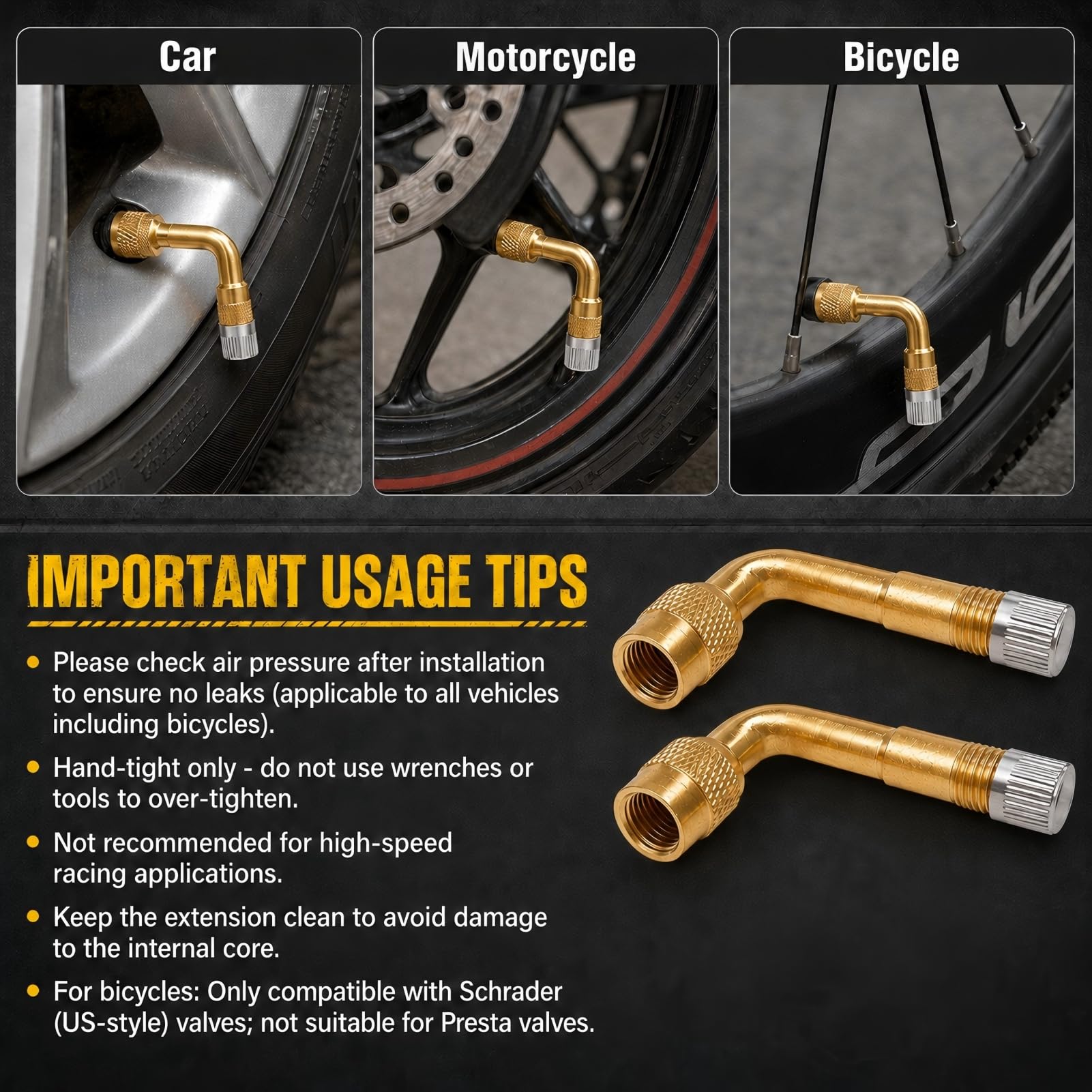 2 Pezzi Prolunghe per Valvola 90 Gradi in Ottone, Prolunga Valvola Pneumatici, Adattatore Valvola ad Angolo per Valvola Auto AV, Estensione per Auto, Moto, Bici, Scooter, Camper e Carriola