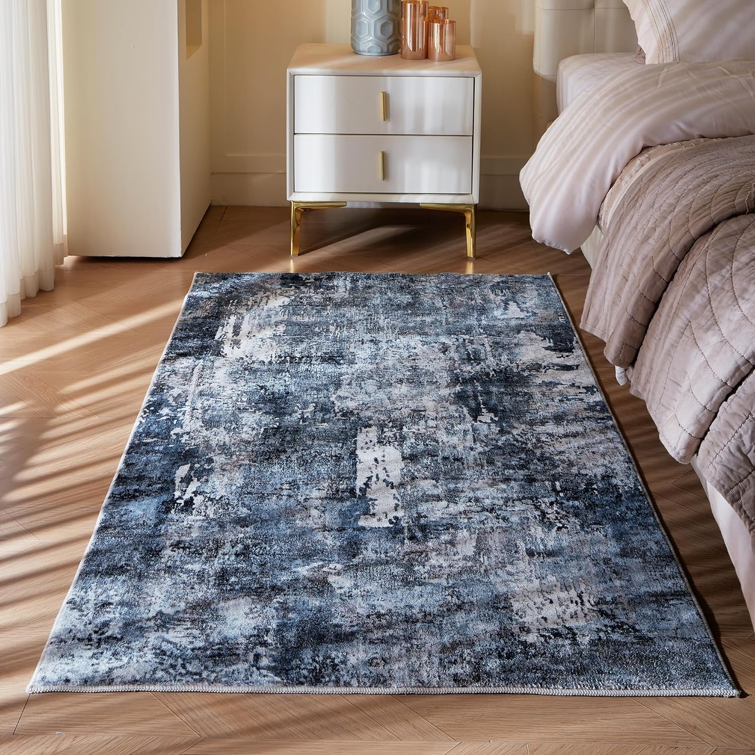 Rugcomf Alfombra lavable de 3 x 5 pies, alfombra de área suave, diseño abstracto, antideslizante, no desprende pelo, lana sintética, alfombra persa vintage para mesita de noche, dormitorio, cocina,
