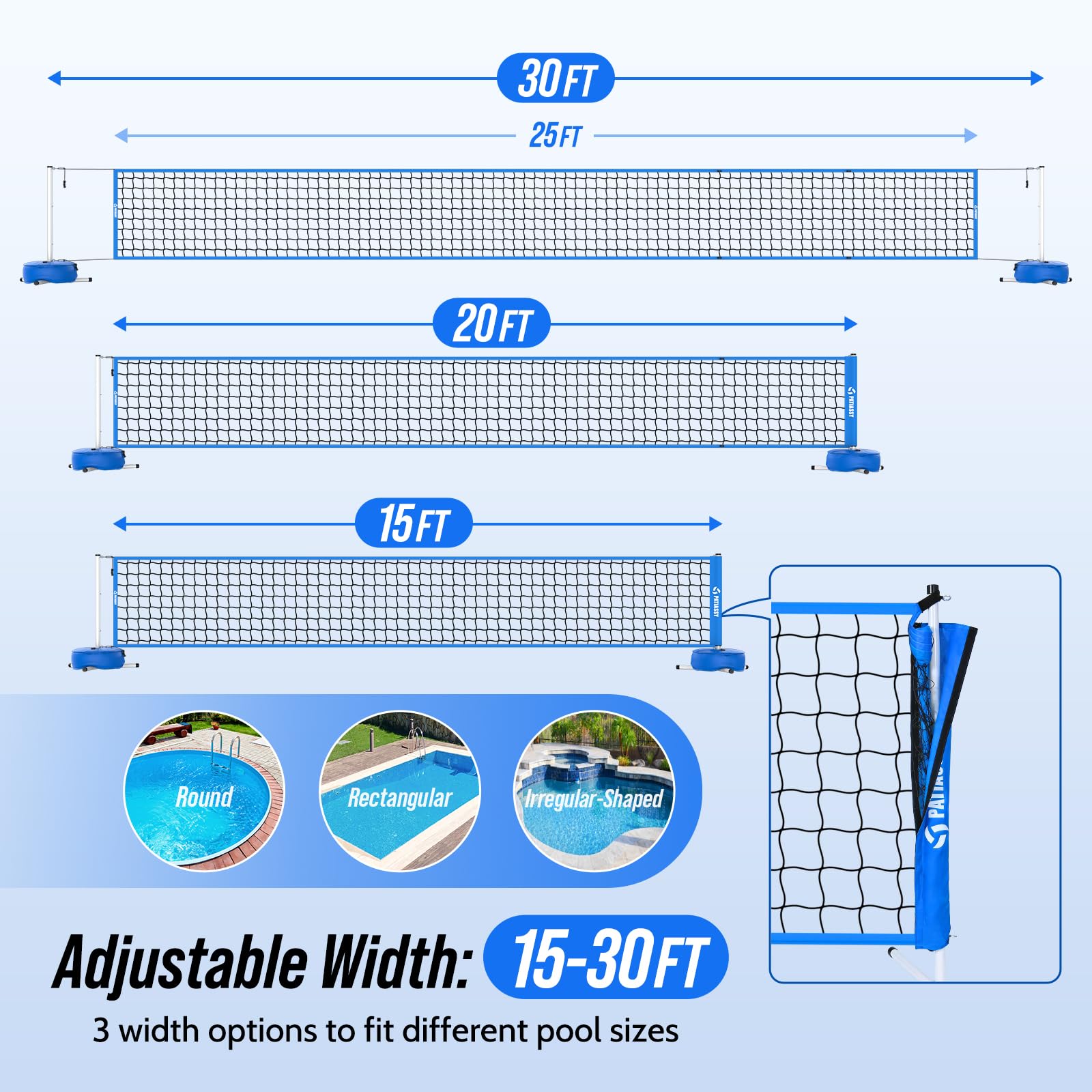 Set di rete da pallavolo per piscina Patiassy con base pesante, larghezza regolabile da 4,57m-9,14m, sistema di rete per piscine per interni ed esterni, adatto per giochi d'acqua, giardino, spiaggia e