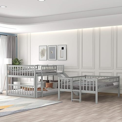 Miniatura 3 de Literas triples con tobogán 3 literas de tamaño matrimonial sobre matrimonial cama triple con escalera incorporada marco de litera triple de madera