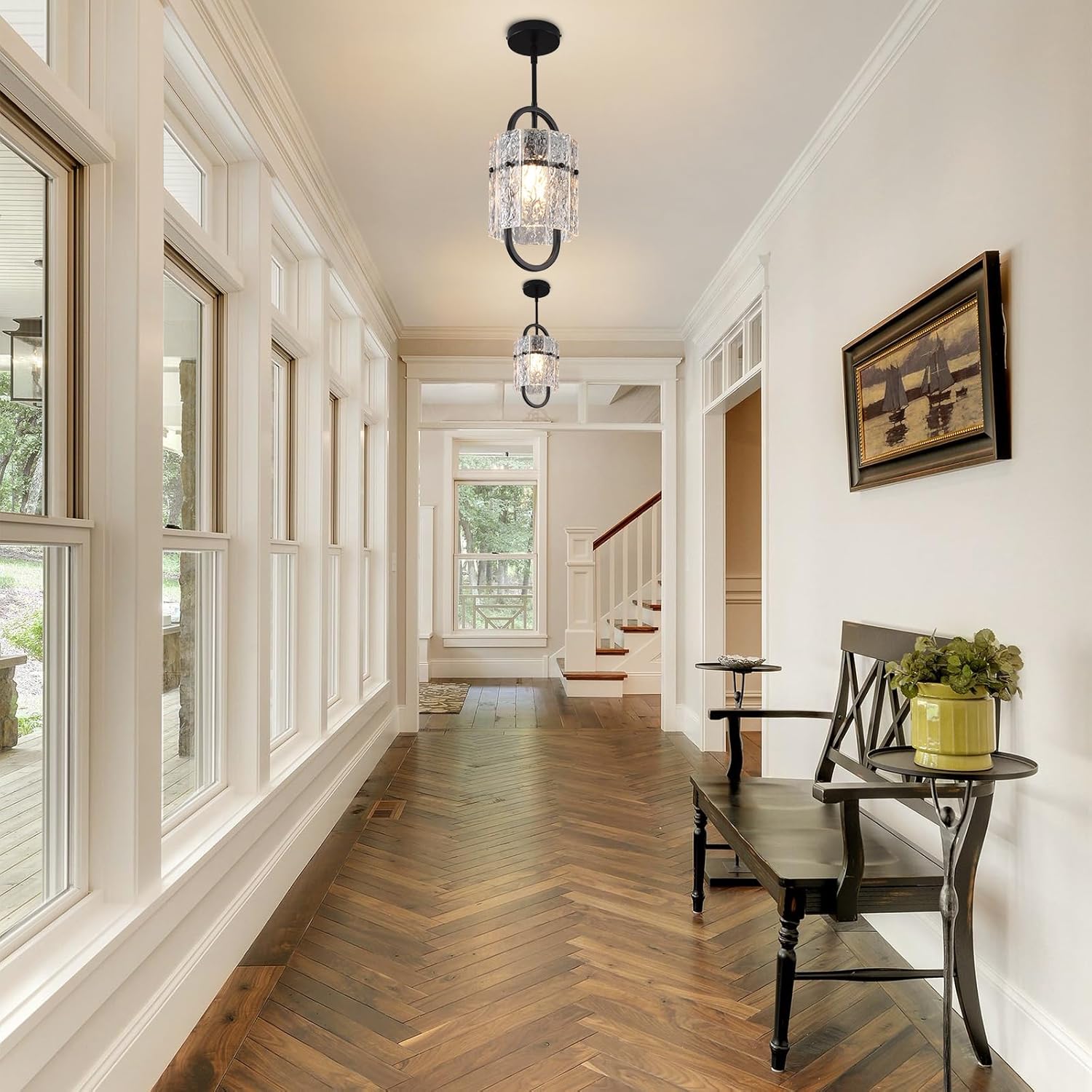 Black Glass Pendant Lights for Kitchen Island, Luxury Water Ripple Crystal Chandelier Lights Fixture, Modern Adjustable Pendant Lighting for Dining Room, Bedroom, Island Lights, E26 Bulb