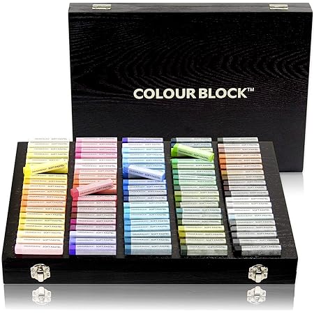 COLOUR BLOCK 100pc Wooden Case Soft Pastel Art Set for Beginners and Experienced Artists, Assorted Colors Square Chalk Pastels, Non Toxic Charcoal Sticks Art Supplies for Drawing, Blending, Shading