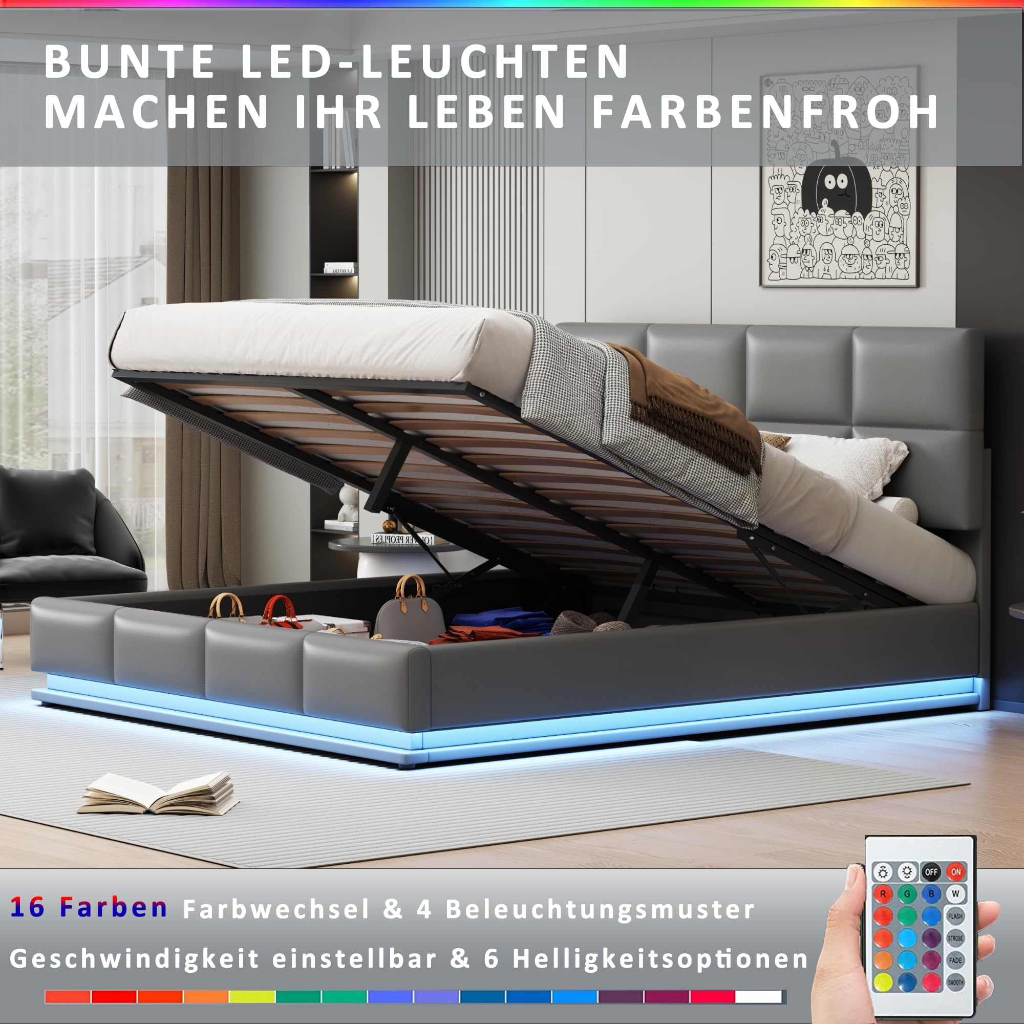Boxspringbett 180x200 Mit LED-Kopfteil & Stauraum – Hydraulisches Doppelbett In Creme Samt | Ohne Matratze