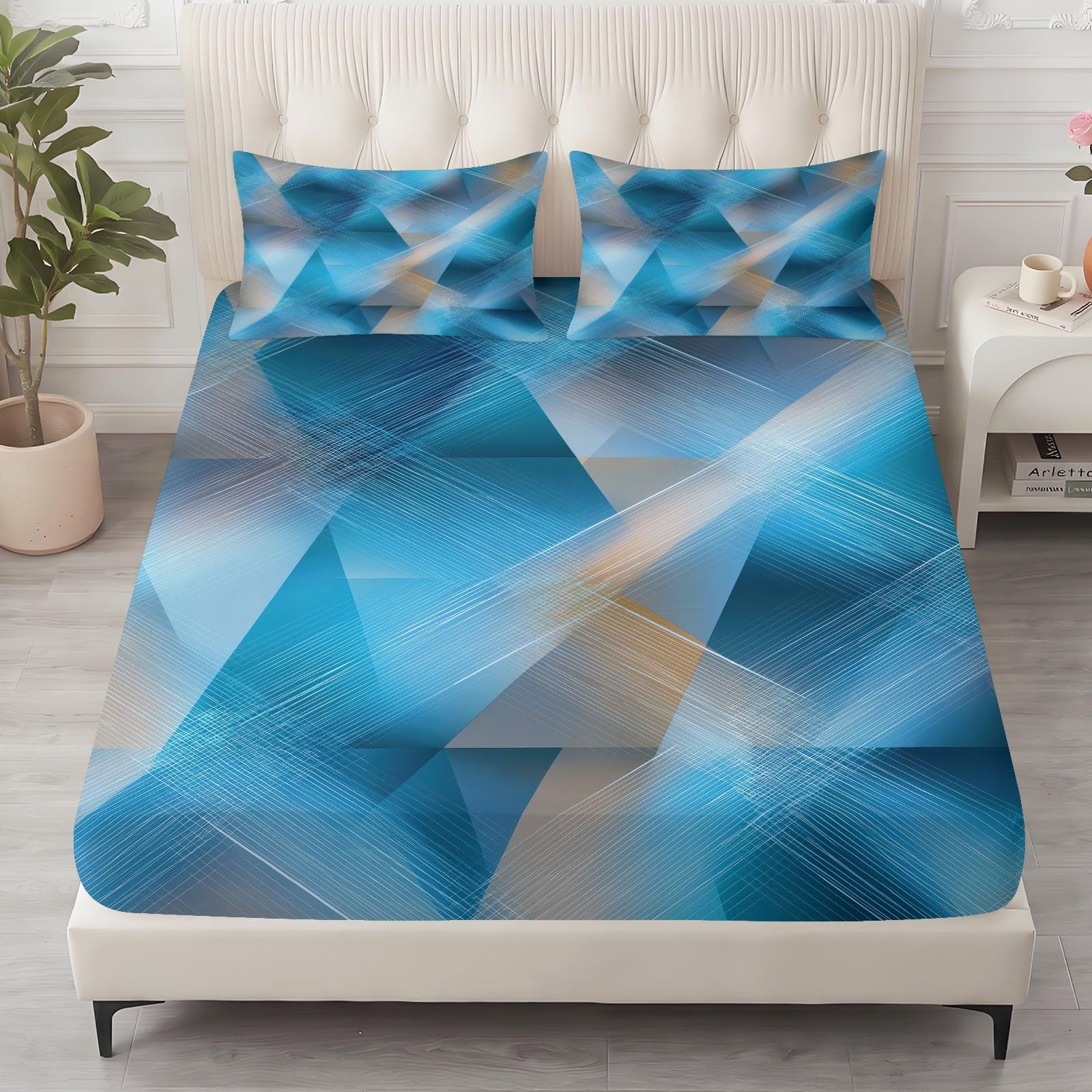 Juego de sábanas bajeras ajustables de 3 piezas, 160 x 200 cm, diseño contemporáneo de geometría digital, de microfibra, suave y acogedora, con 2 fundas de almohada de 80 x 80 cm, colchones de hasta