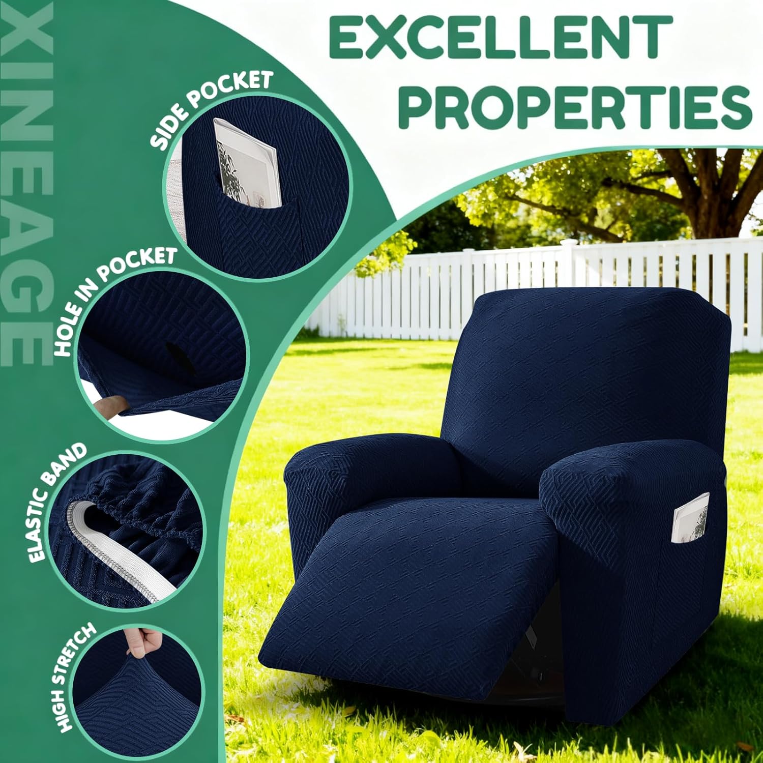 XINEAGE Stretch Recliner Chair Covers 4 Piece Recliner Covers with Storage Pockets Soft and Washable Recliner Slipcover Furniture Protector with Elastic Bottom Fit Pets & Kids (Navy)