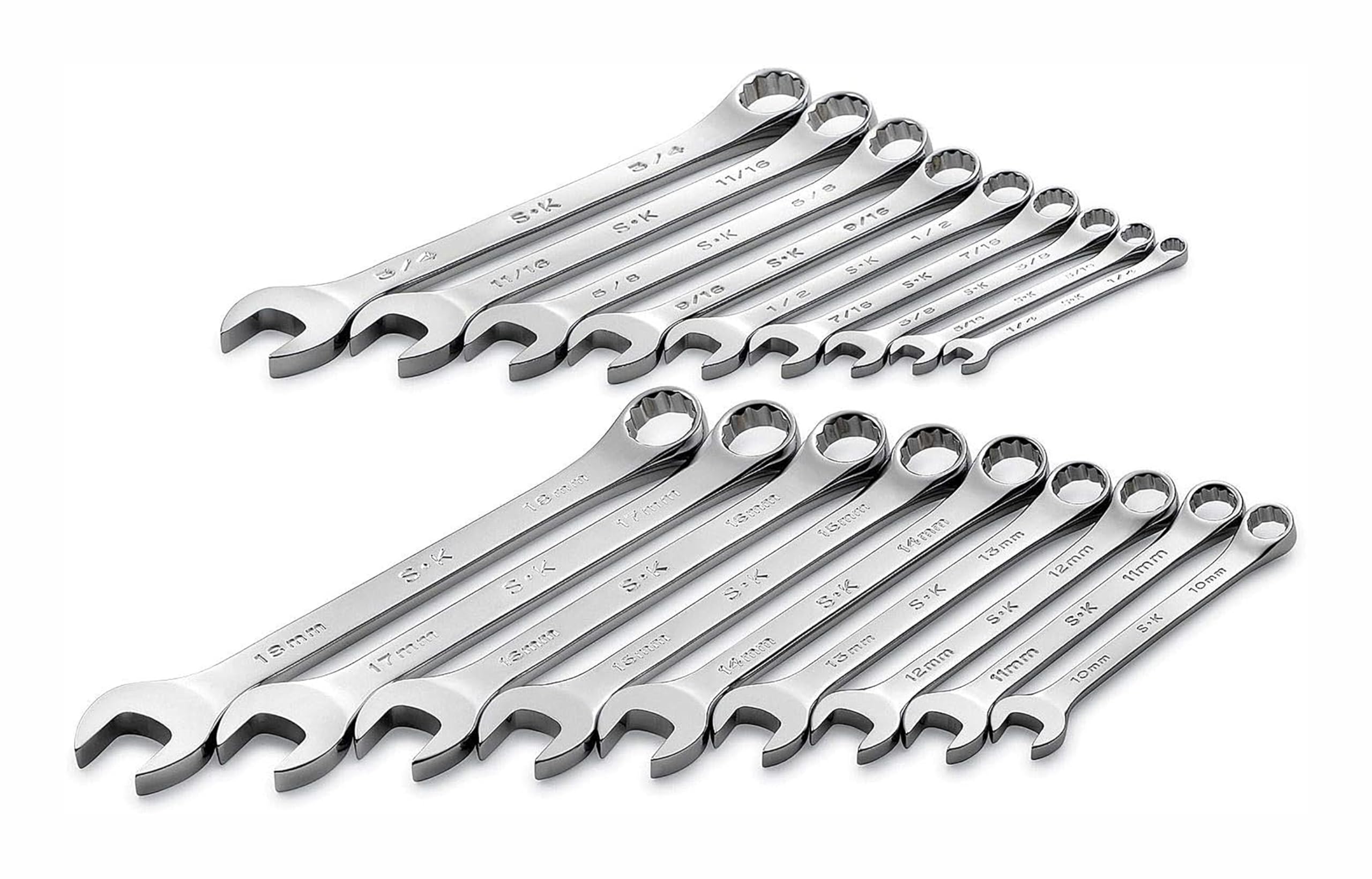 SK Tools USA 18 Piece, Regular, 12 Point, SAE & Metric SuperKrome® Combination Wrench Set: 1/4" - 3/4" & 10MM - 18MM | 87018