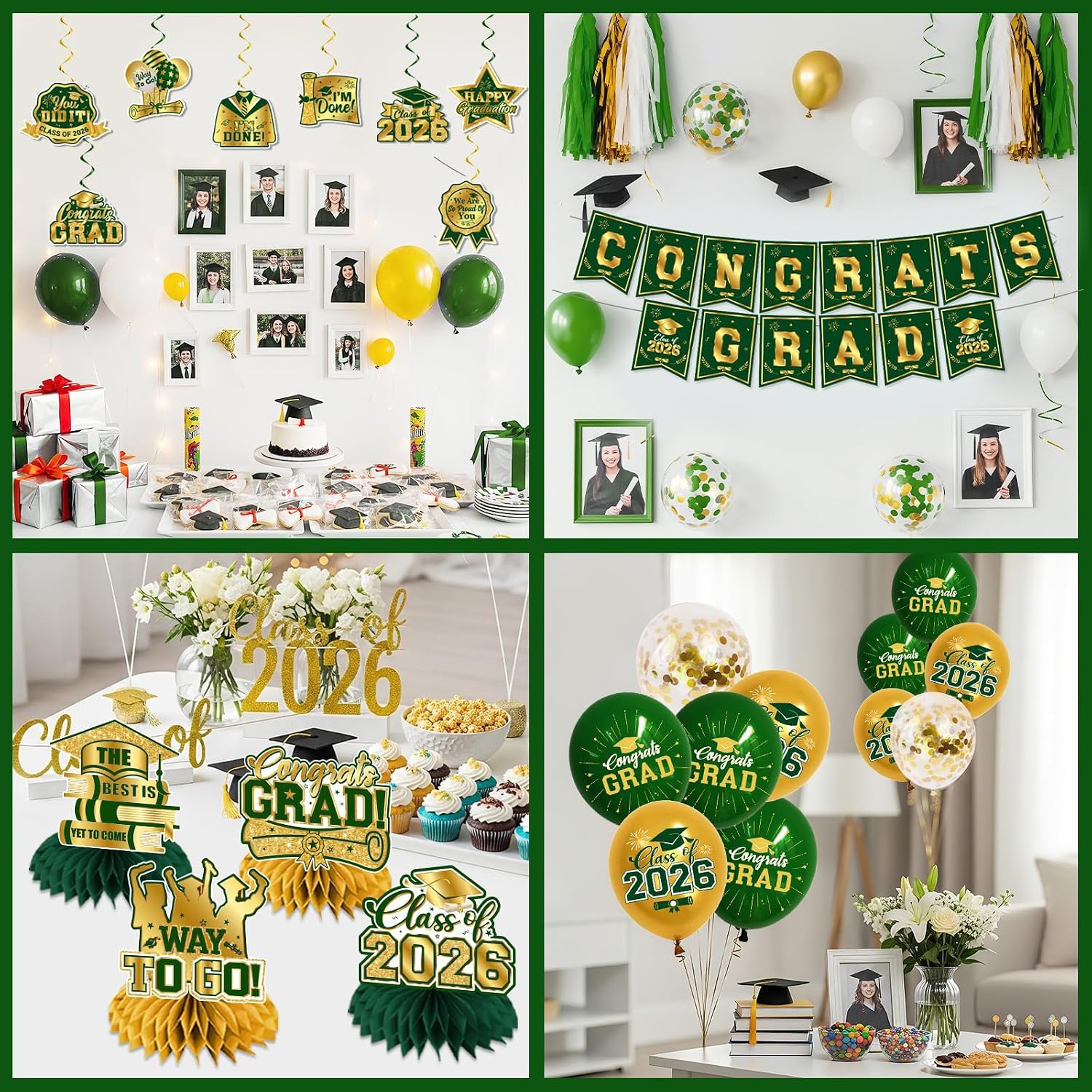 Graduation Decorations 2026 Green and Gold Class of 2026 Banner Congrats Grad Backdrop Tablecloth Balloons Hanging Swirls Honeycombs Cupcake Toppers Box Pompoms for Graduation Party Decor Supplies