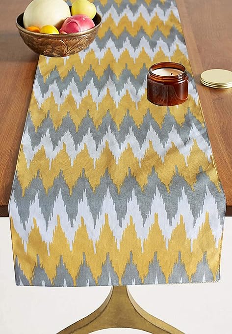 Dekor World 1 Piece Cotton Printed Yellow Grey Ternion Collection Table Runner-(33x120 cm)-4 Seater Dinning & Center Table