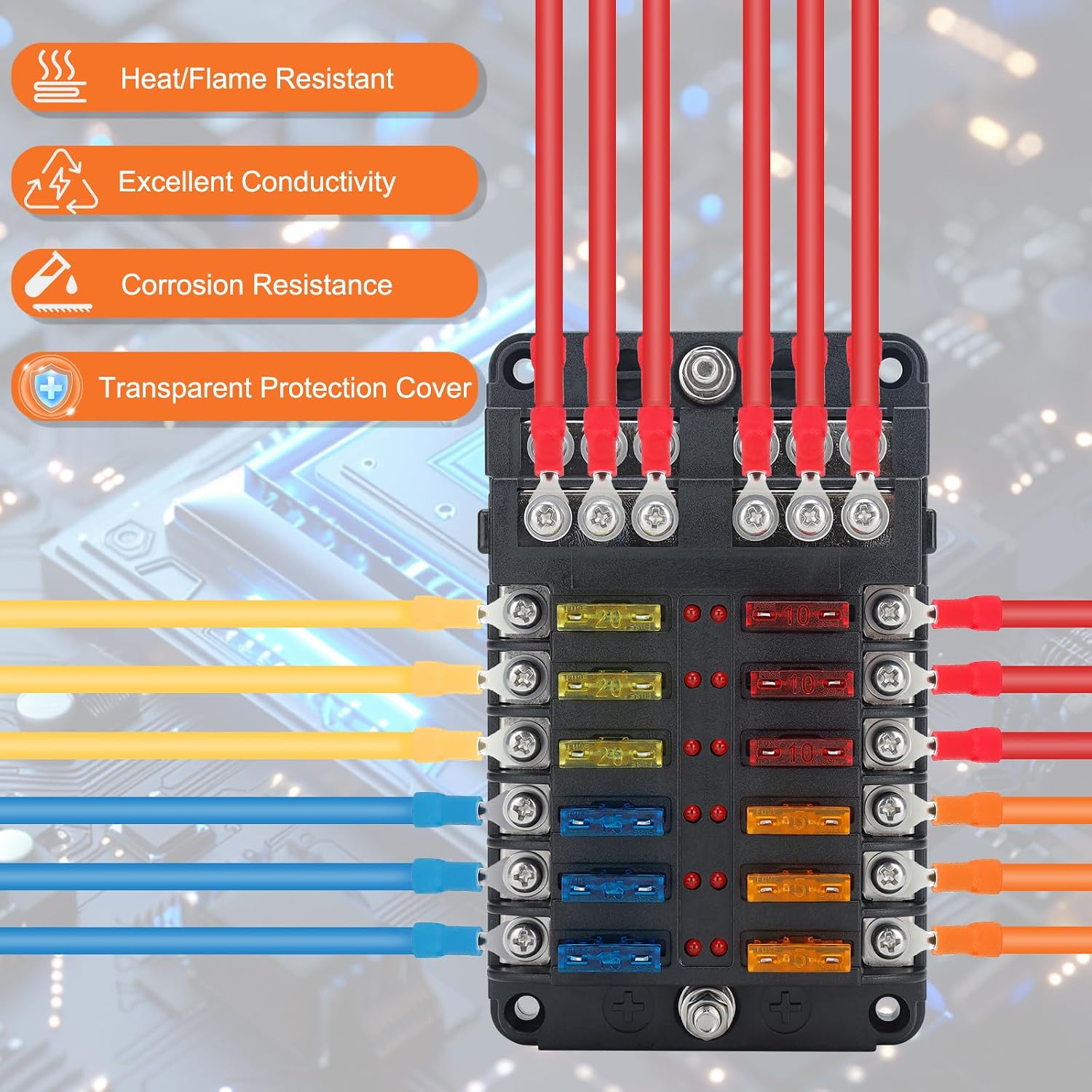 12 Way Fuse Block, 12V Marine Fuse Panel with LED Indicator, Waterproof Fuse Box for Cars, Boats, RV, Truck, Yachts, 24 Fuses (5A/10A/15A/20A) & Stickers Included