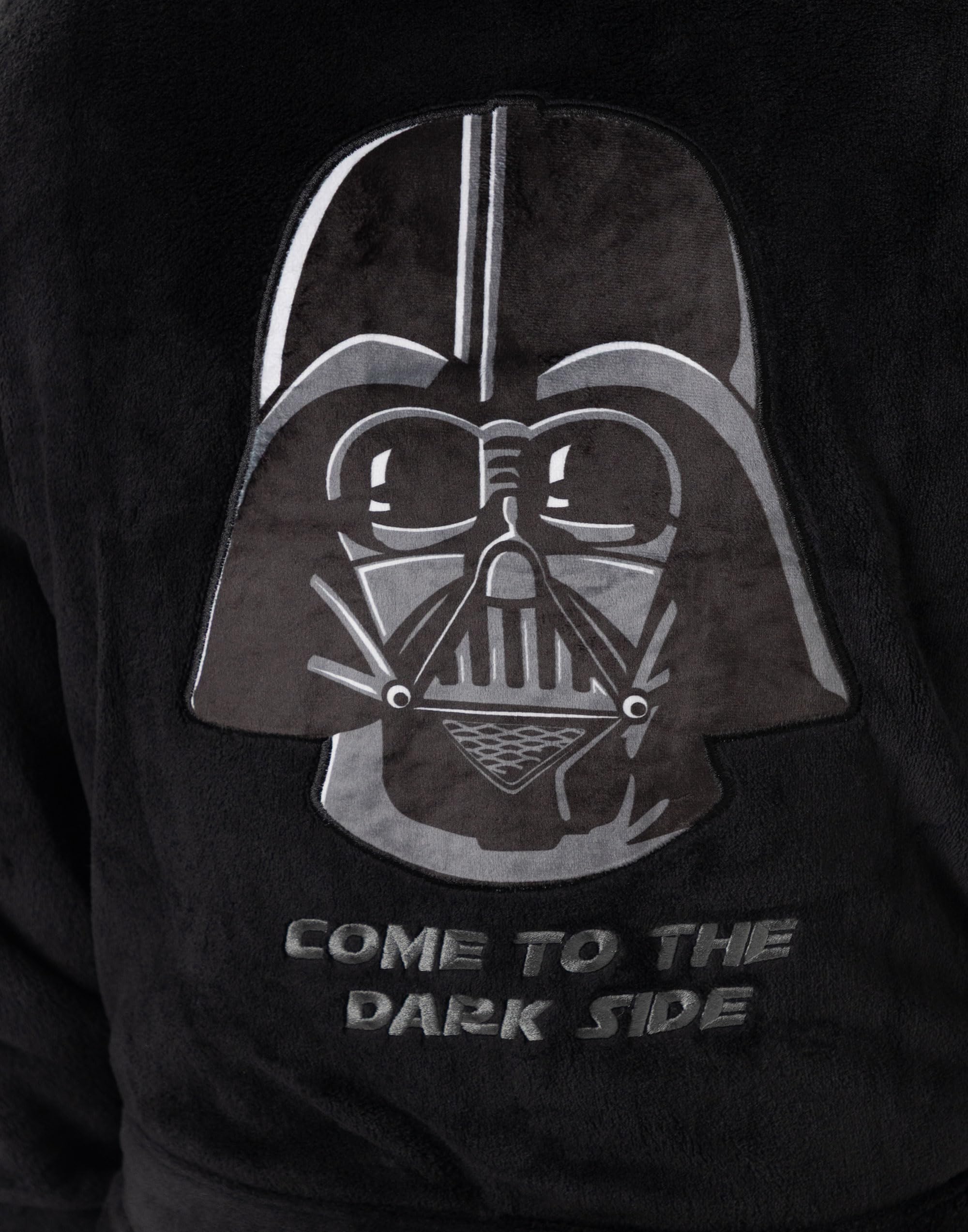Star Wars Albornoz negro con capucha de Darth Vader para hombre | Ropa de estar en casa de forro polar retro con texto Ven al Lado Oscuro | Albornoz cómodo para relajarse | Merchandising