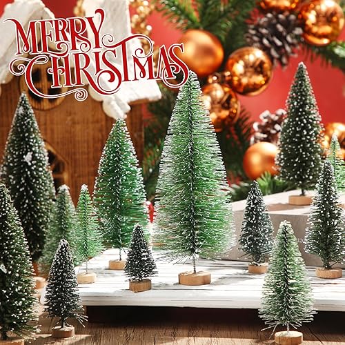 Miniatura 6 de SATINIOR 60 piezas de mini árbol de Navidad artificiales de sisal para árboles de nieve, árboles de Navidad, adornos de pinos con base de madera