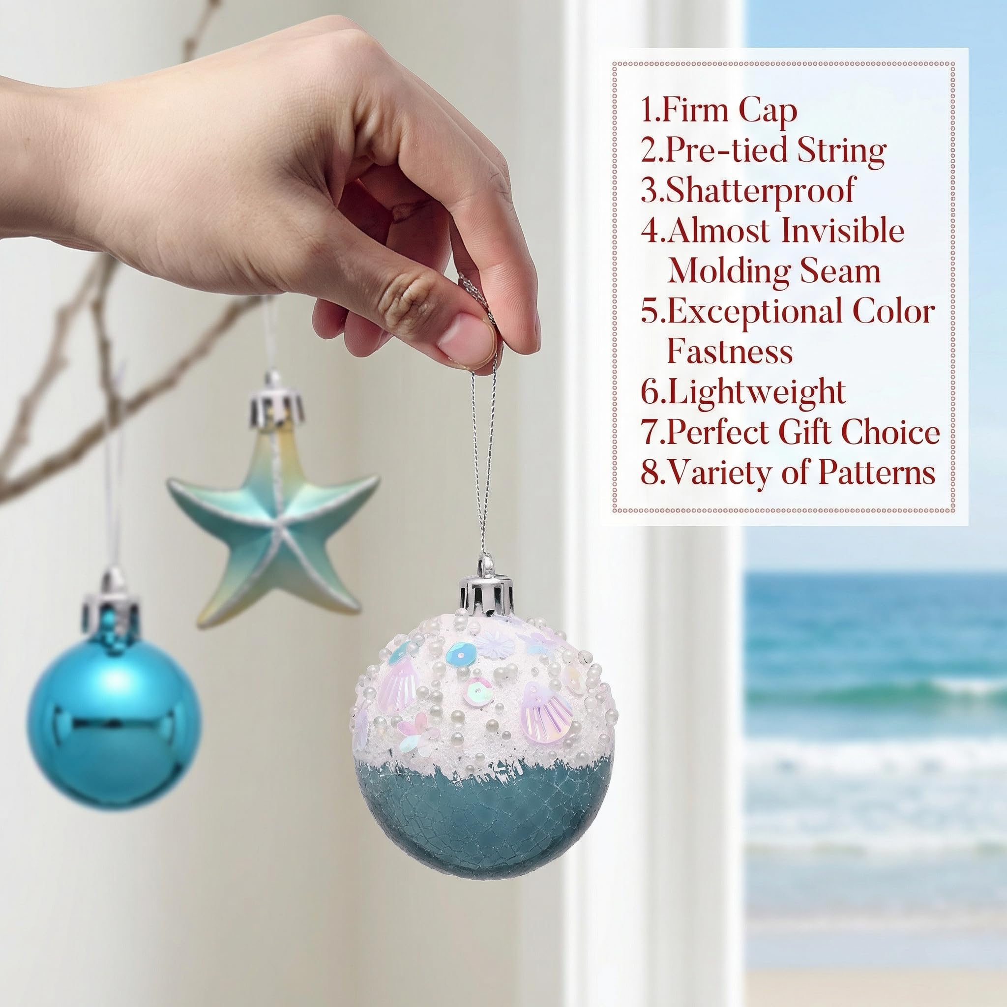 Valery Madelyn Adornos de árbol de verano, 35 unidades, inastillables, decoración náutica de playa, temática náutica, temática del océano, decoración de árbol de Navidad en julio, conchas marinas