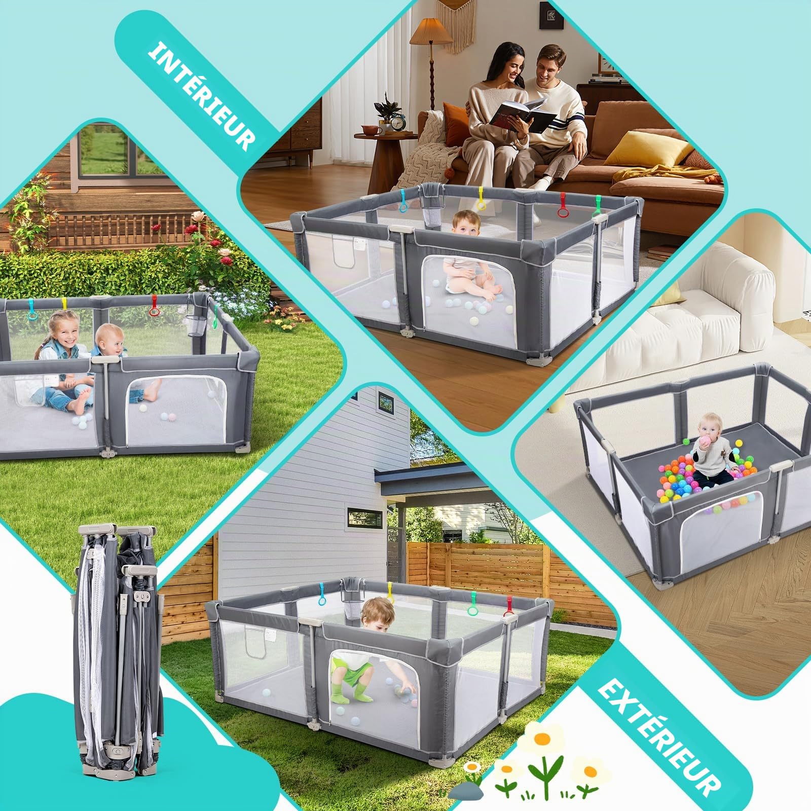 CHOLY Parc pliable pour bébé 180 x 150 cm avec tapis, parc pour bébés et tout-petits, aire de jeux portable avec balles océaniques et 4 poignées, clôture pour enfants à montage rapide avec sac de