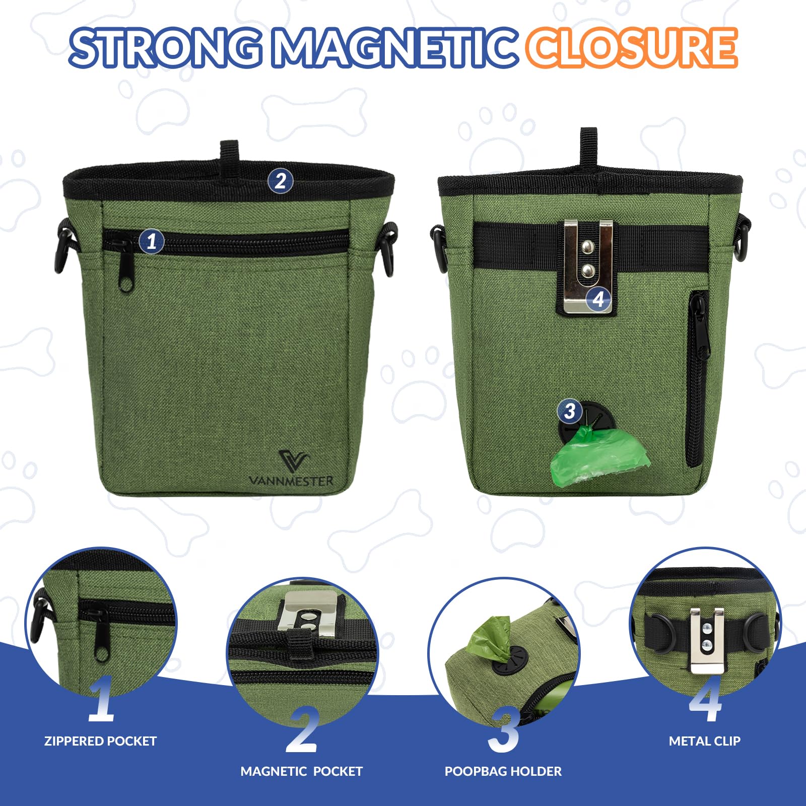 Dog Treat Pouch with Stronger Magnetic Closure Dog Treat Pouch 4 Cup Front Pocket fits All Phones Built-in Poop Bag Dispenser (Green) - image 4