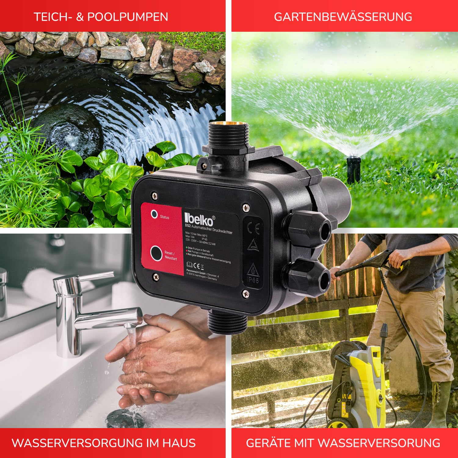 Belko Druckwächter Druckschalter für Wasserpumpen BIS 2,2 kW, mit Kabel bis 10 Bar, Gartenbewässerung elektronische Pumpensteuerung Hauswasserwerk Trockenlaufschutz