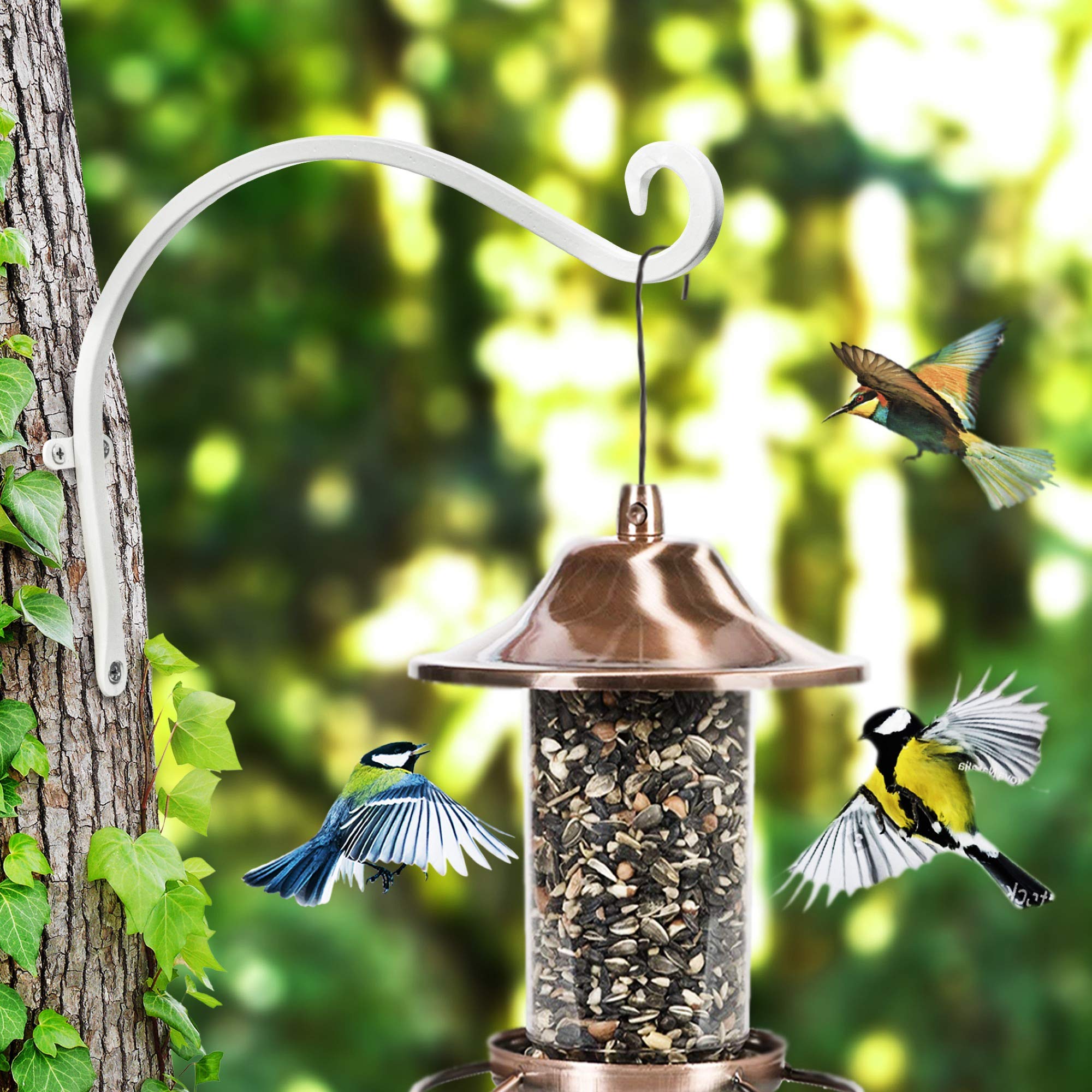 Qiang Ni Colgador de comederos para pájaros (2 piezas/12 pulgadas), soporte para colgar plantas al aire libre más estable y resistente, blanco
