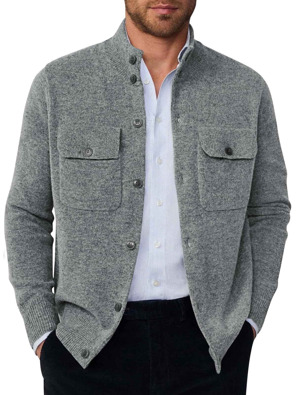 runcati Mens Stand Collar Cardigan Sweater Button Down Long Sleeve Cardigan Jacket Casual Winter Knitted Sweaters-picture-36