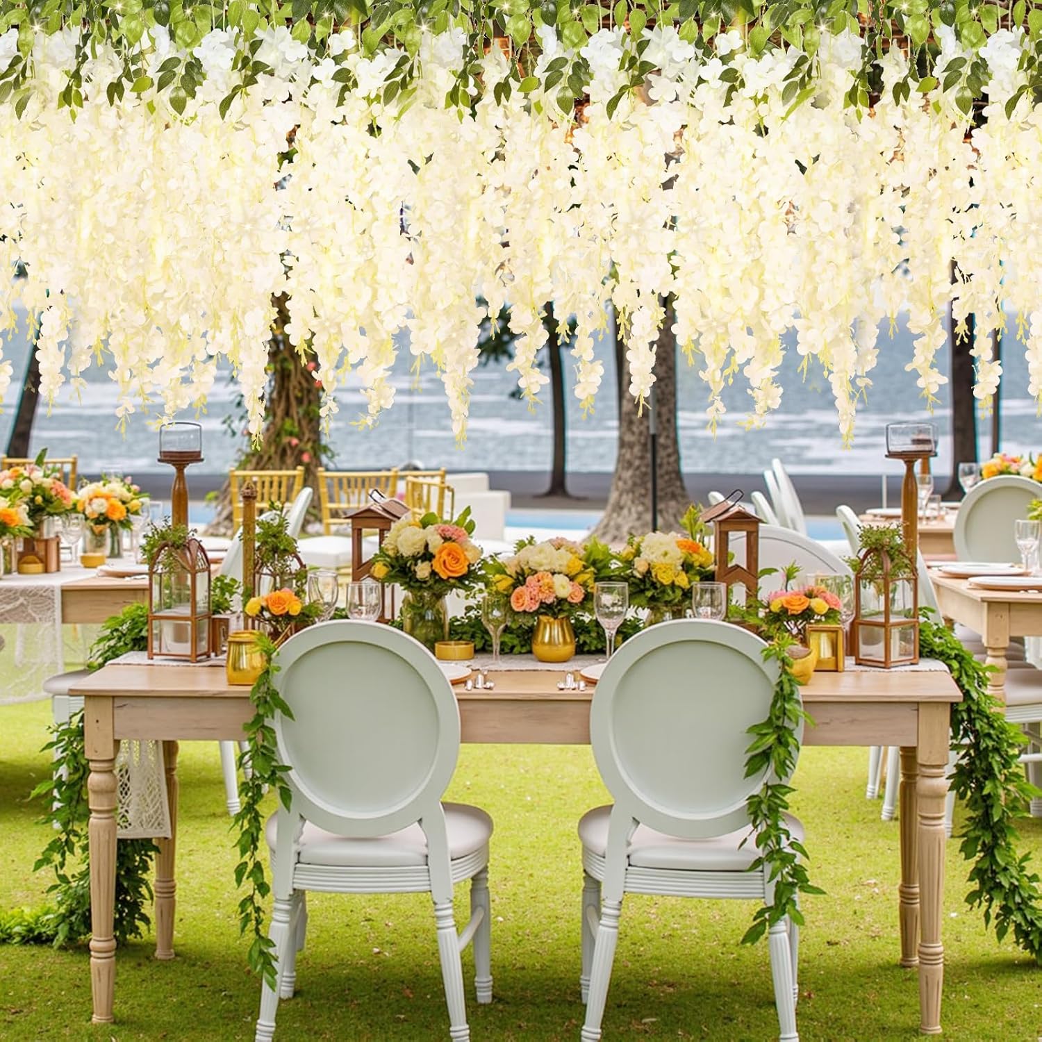 12Pcs Artificial Wisteria Hanging Flowers with Lights, 3.6Ft/Pcs White Fake Wisteria Garland for Wedding Party Home Garden Indoor Outdoor Decoration