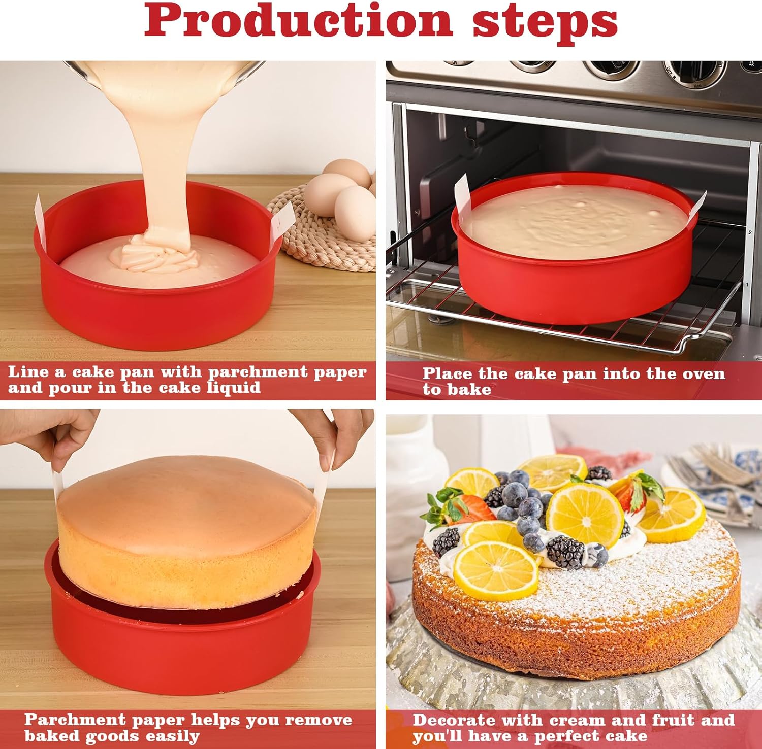 HUAKENER 10 Inch Round Cake Pan, 3 Pack Silicone Cake Molds with 100 Pieces Parchment Paper, Nonstick Cake Molds for Birthday Cakes, Layer Cakes, Cheese Caks, Chocolate Cakes - Image 4