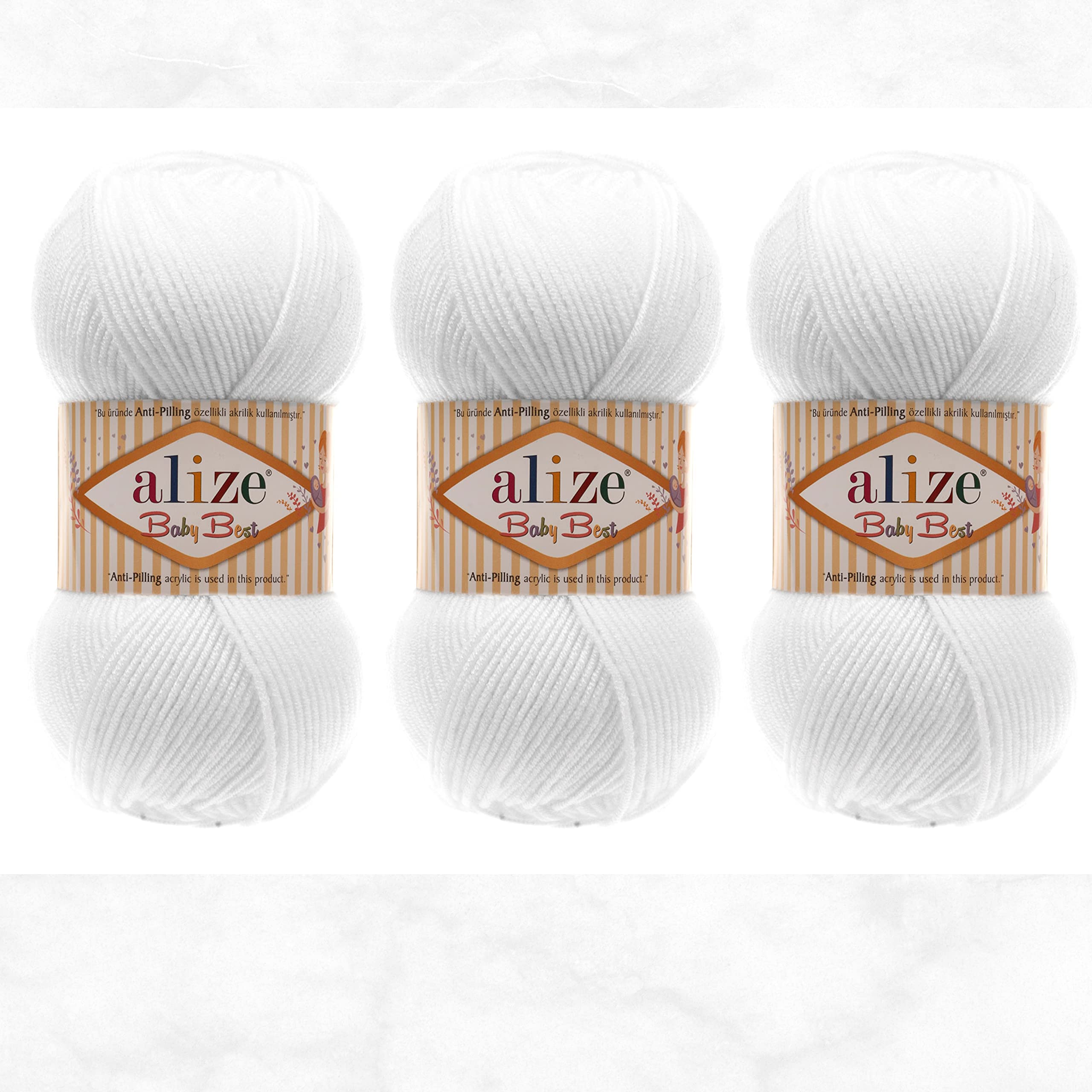 Alize Baby Best Yarn 90% Anti-Pilling Acrylic 10% Soft Bamboo Blend Crochet Hand Knitting Art Lot of 3 Skeins 300gr 786yds (3 Pack, White - 55)