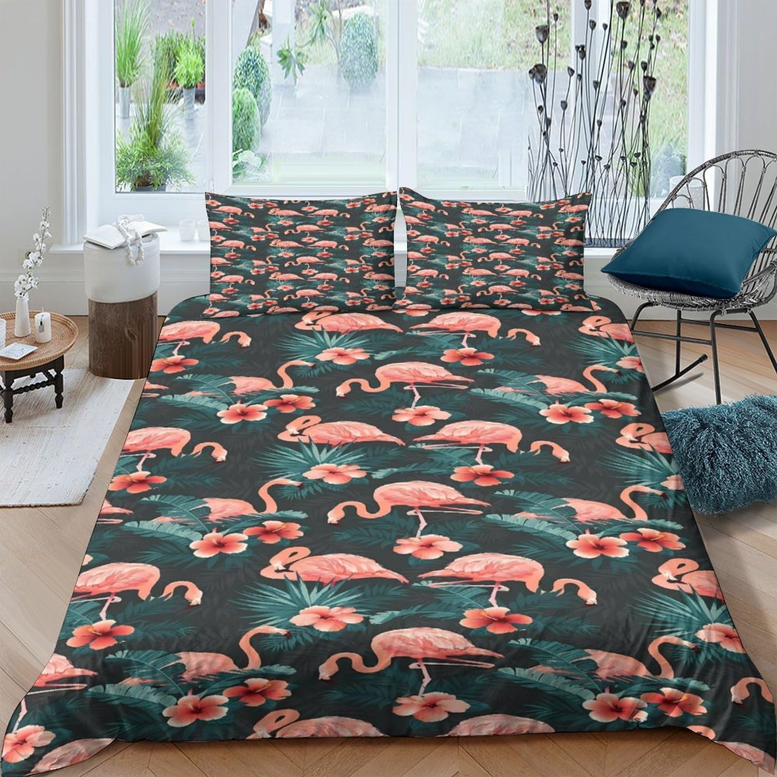 GPLZQXKJNH 3D Printed Flamingo Tropical Duvet Cover Microfiber Soft Breathable Palm Leaf Bedding Set with 2 Pillowcases for Bedroom Decor Single（135x200cm）