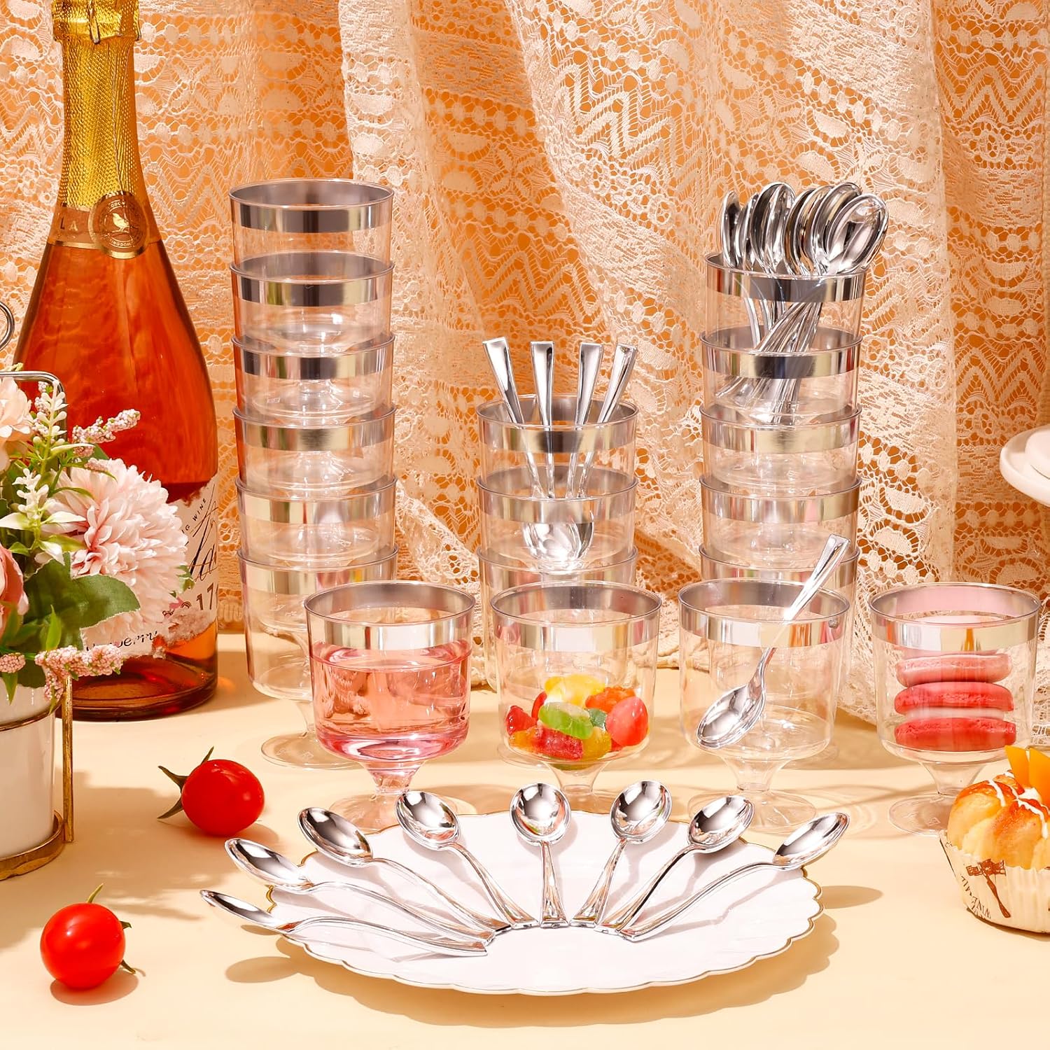 DI QIU REN 120 Pcs 5oz Dessert Cups with Golden Spoon, Plastic Dessert Parfait Cup Clear Appetizer Pudding Cup, Round Serving Goblet Cups Shot Glasse (Round Goblet with SIlver Rim-60Pack)