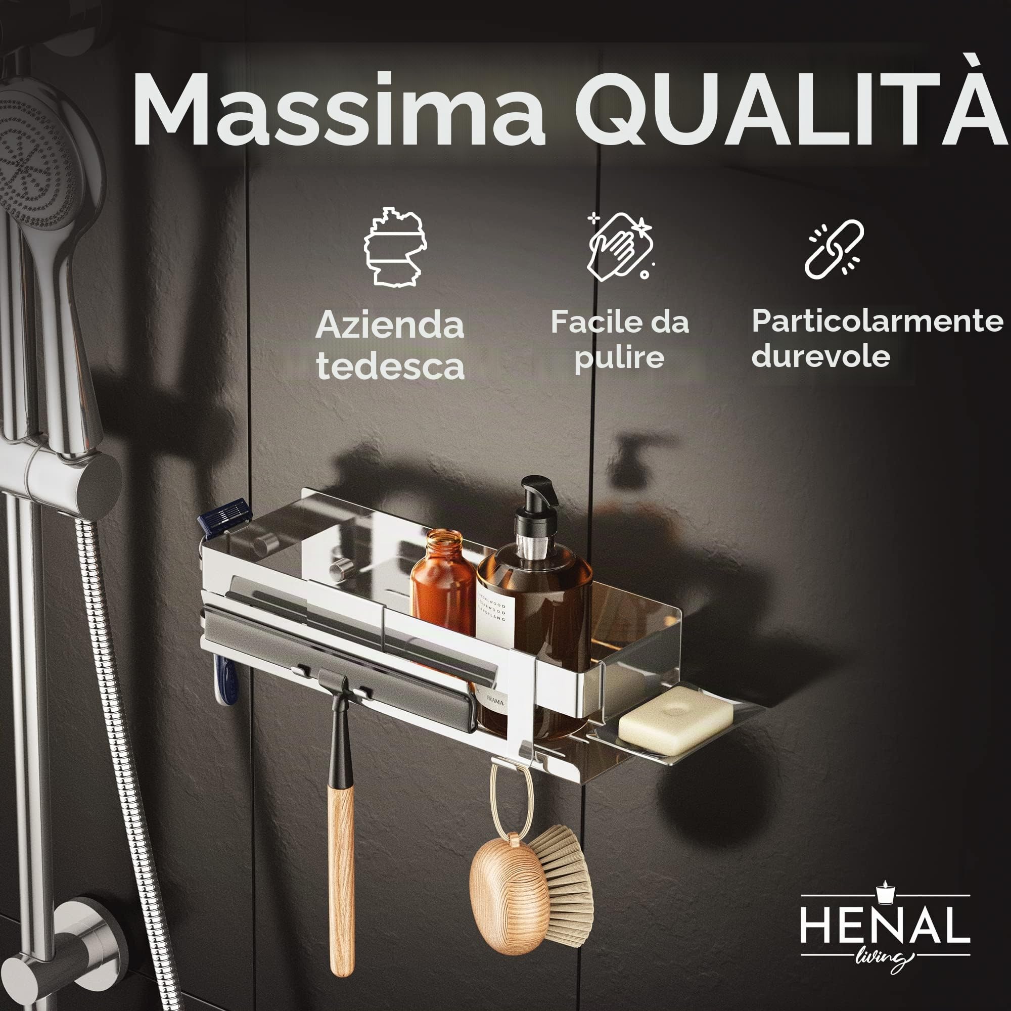 HENAL® Set di ripiani per doccia 5 in 1, in acciaio inox lucido, incollare senza forare, con supporto per rasoio, supporto per tergicristallo doccia, portasapone e gancio, XXL