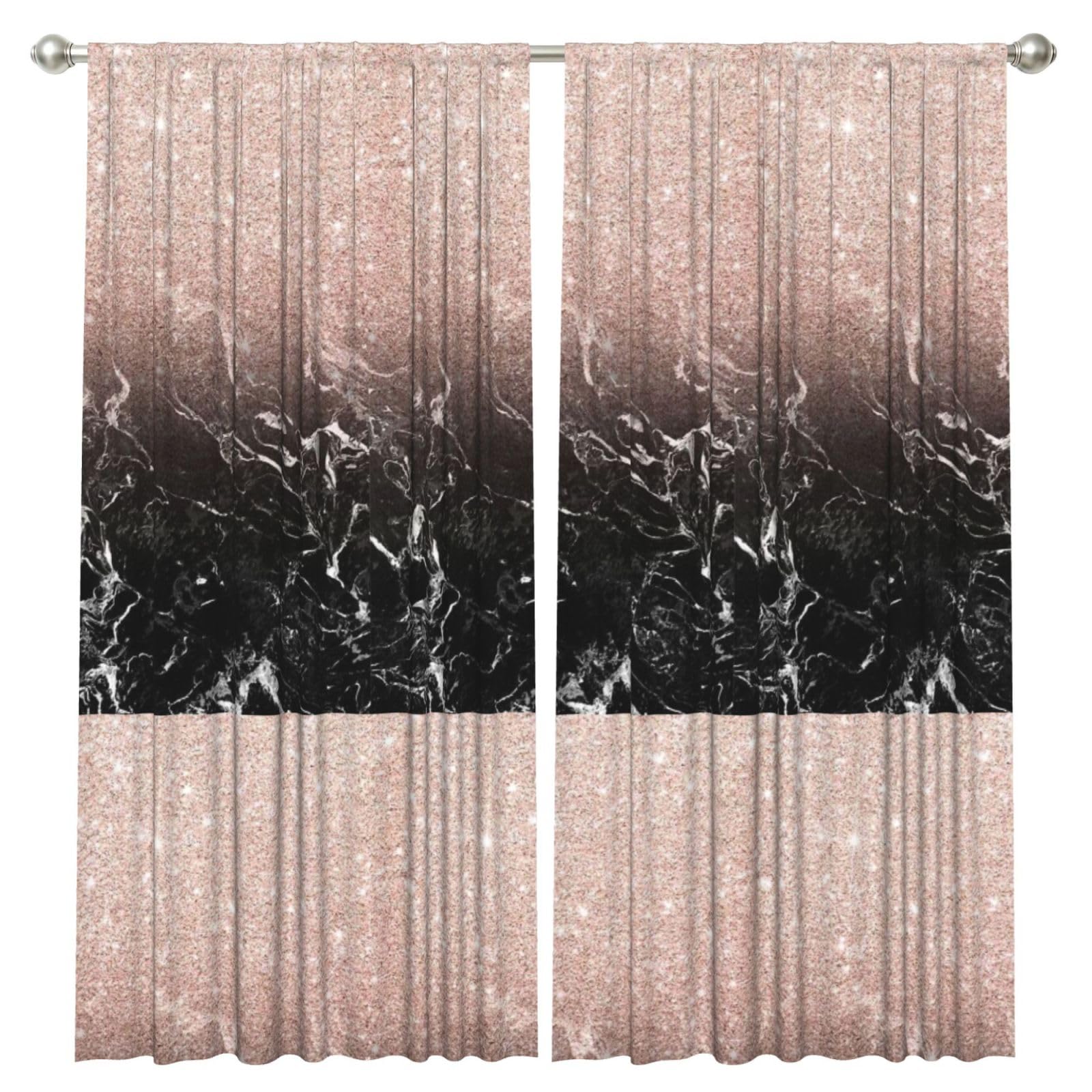 InOmak Modern Rose Gold Black Marble Pink Glitter, 2 Panels Window Curtains 52 x 84 Inch Blackout Curtains for Living Room Bedroom