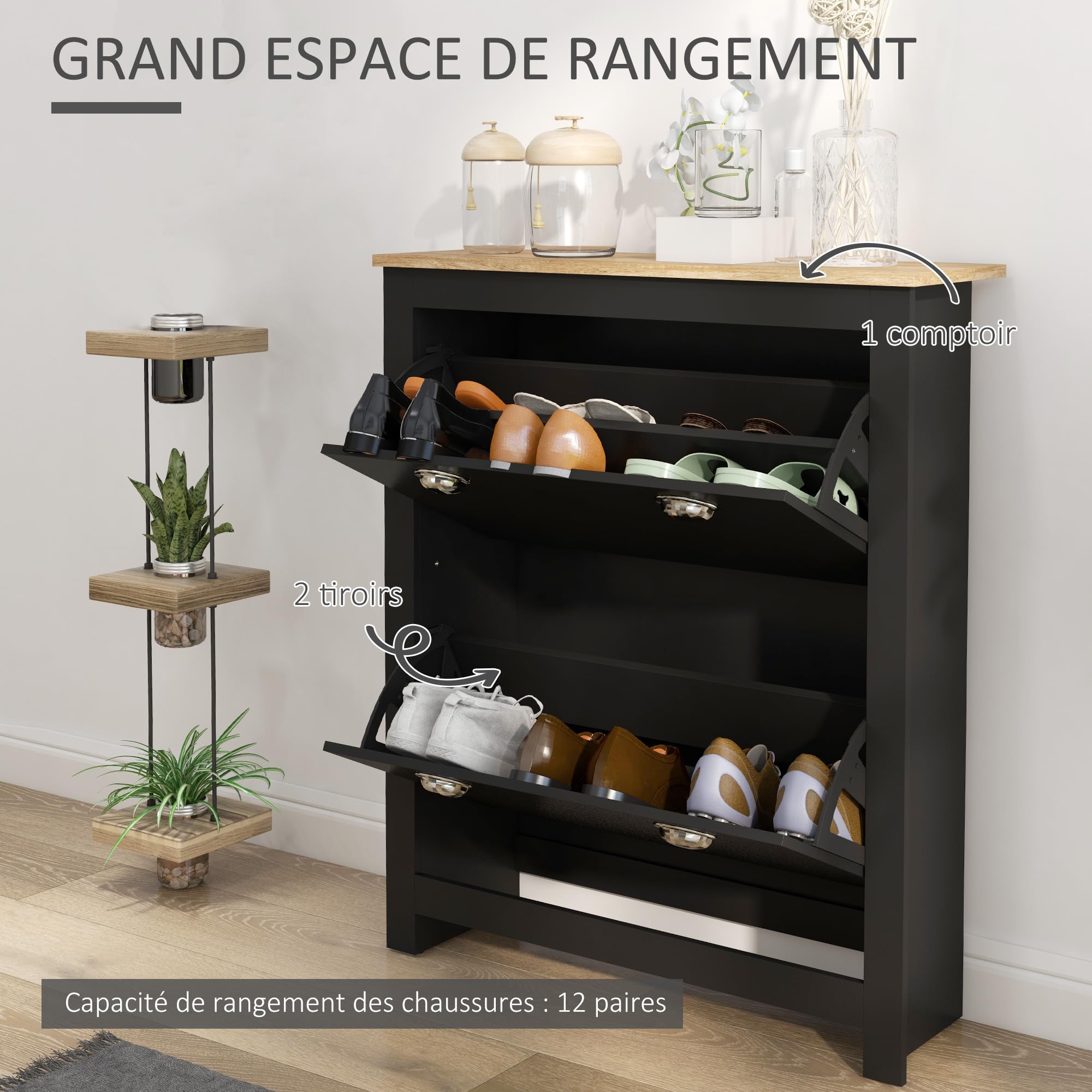 HOMCOM Meuble à Chaussures 12 Paires Étroite 79x23x90,5 cm Noir et Chêne | Armoire à Chaussures, 2 Tiroirs Rabattables, Étagères Réglables, Poignées Coquilles Métal, pour Couloir, Entrée