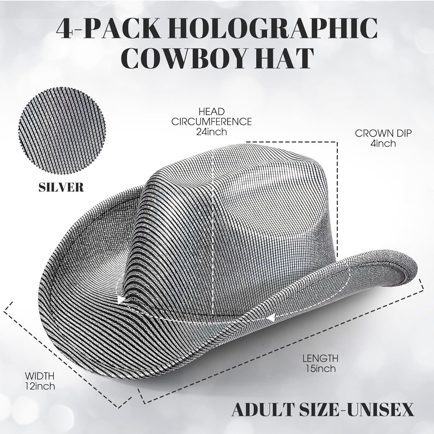 4 Pcs Sparkle Sequin Space Holographic Cowboy Hat for Womens Glitter Western Cowgirl Hat for Disco Party - Image 2