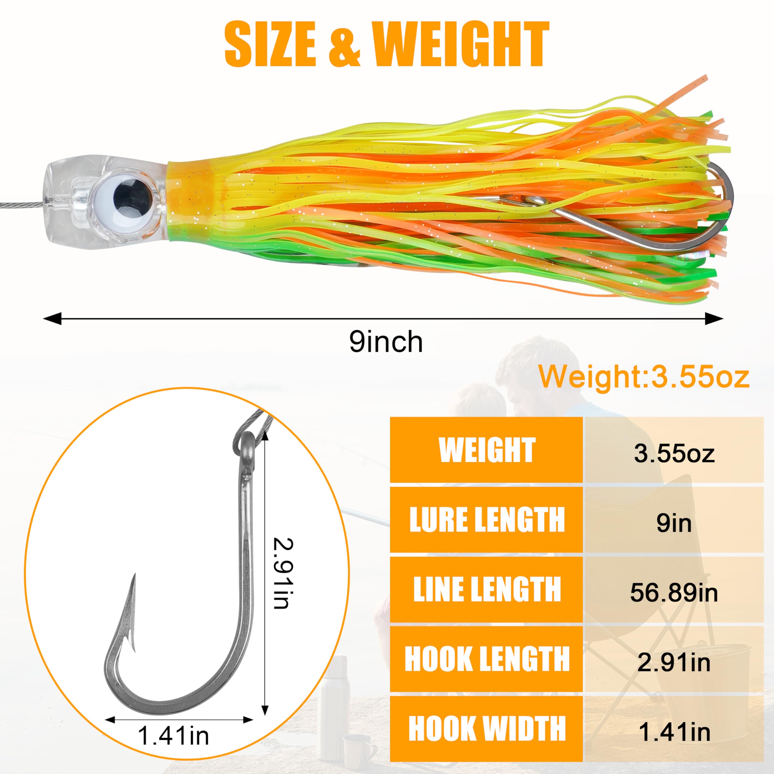 Salzwasser Schleppköder-Set, 6 Stück Tiefsee-Großwild-Angelköder mit Edelstahldraht, Tintenfischrock, Rigged Haken für Thunfisch, Mahi, Wahoo, Delfin, Hai, Marlin