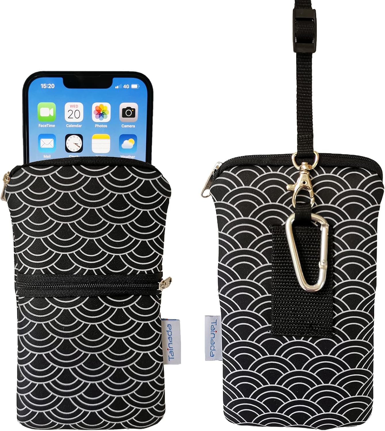Tainada Dual Zipper Neck Phone Holder Pouch w/Belt Loop (Black Waves) | For Men/Women; Water-resistant neoprene material, shockproof, lightweight, w/carabiner; Compatible with most of smartphones