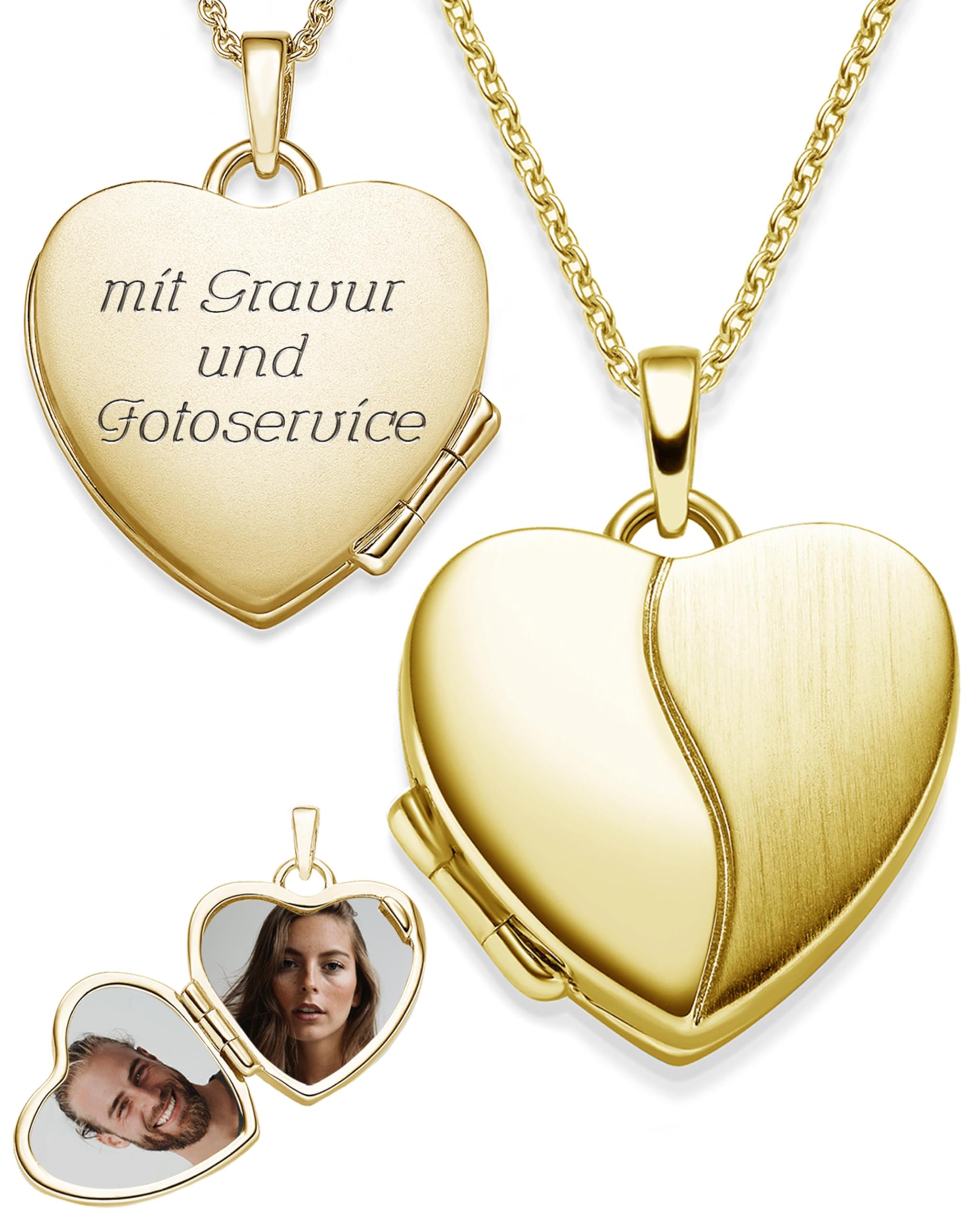 Herz Medaillon zum Öffnen mit Bild Gold vergoldet Damen, Amulett Anhänger | Aufklappbar, Kette personalisiert, Foto-Service & Gravur