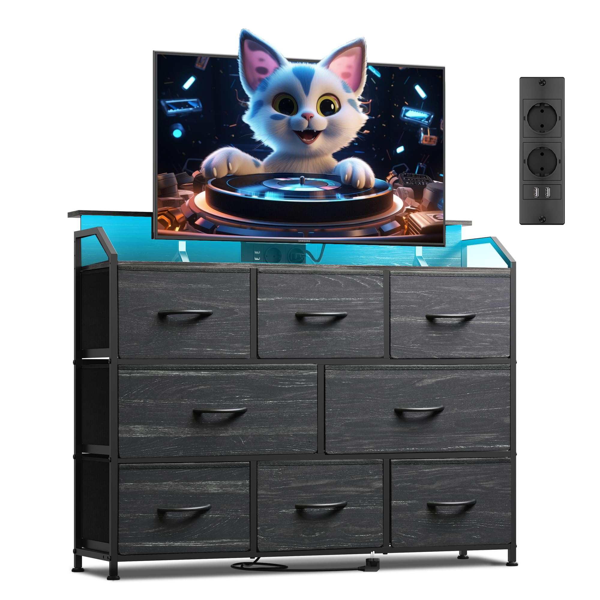 WLIVE Kommode mit Schubladen, komode Schlafzimmer mit 8 Stoffschubladen | Kommoden & Sideboards mit LED und Ladestation, Holzplatte und Stabiles Stahlgestell für Wohnzimmer, Anthrazit Holzdekor
