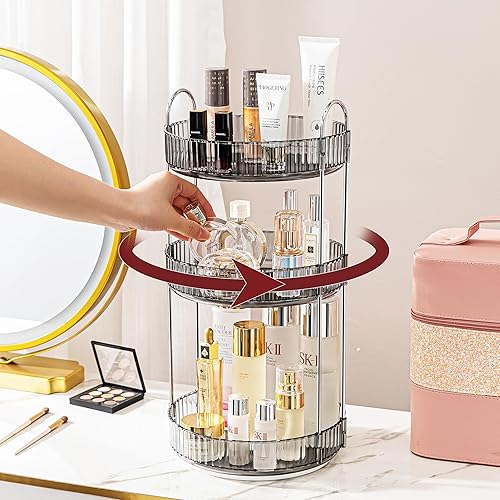 INVSSENE Organizador de maquillaje giratorio de 360 grados para tocador, 3 niveles, organizador de maquillaje de gran capacidad y almacenamiento,