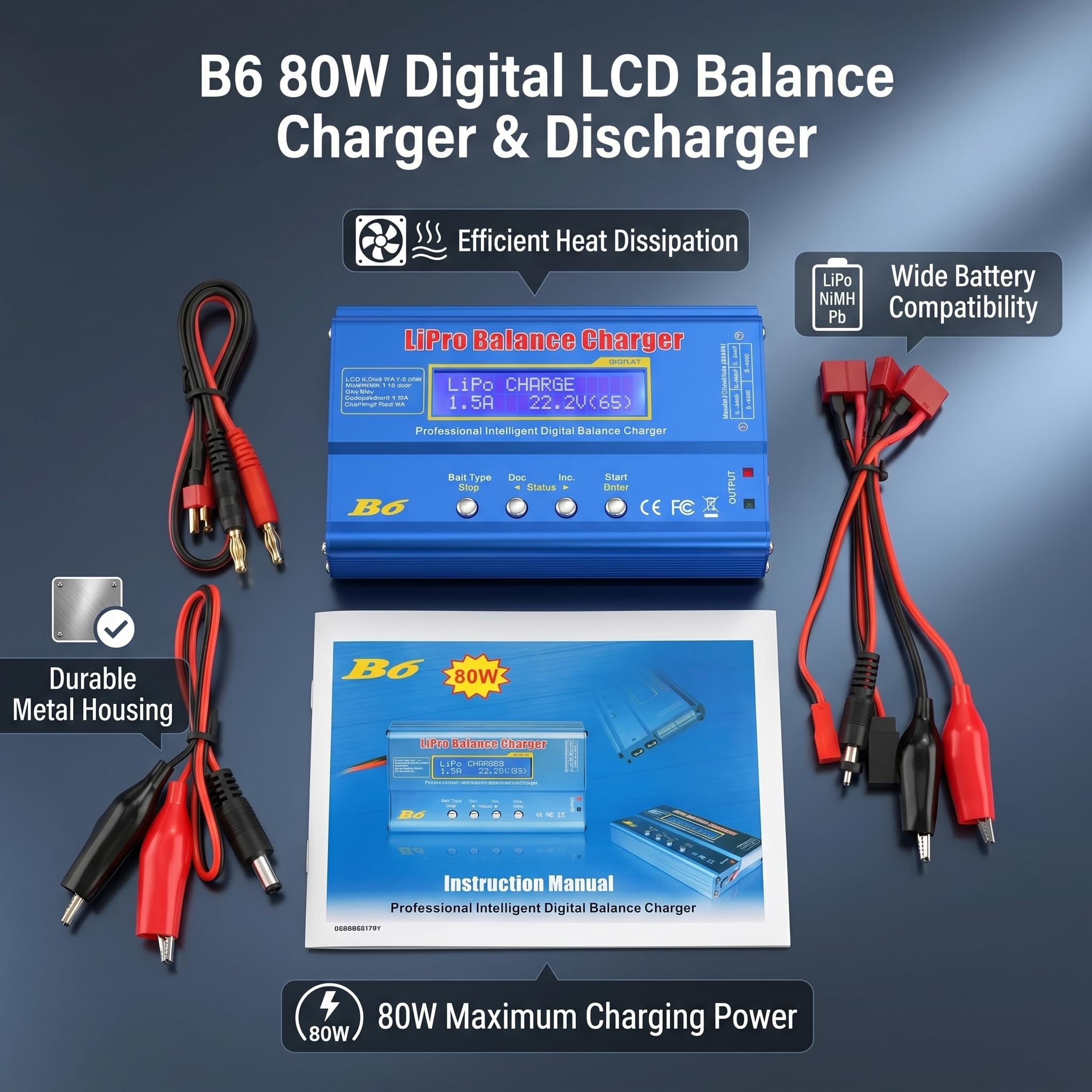 Fafeicy B6 80W RC Batería Cargador Balance Cargador para Lipo NIMH, Pantalla LCD Digital con Carga 6S, Descarga de 5W, Ideal para Drones de (Nuevo IMAX B6 LCD Pantalla Digital RC