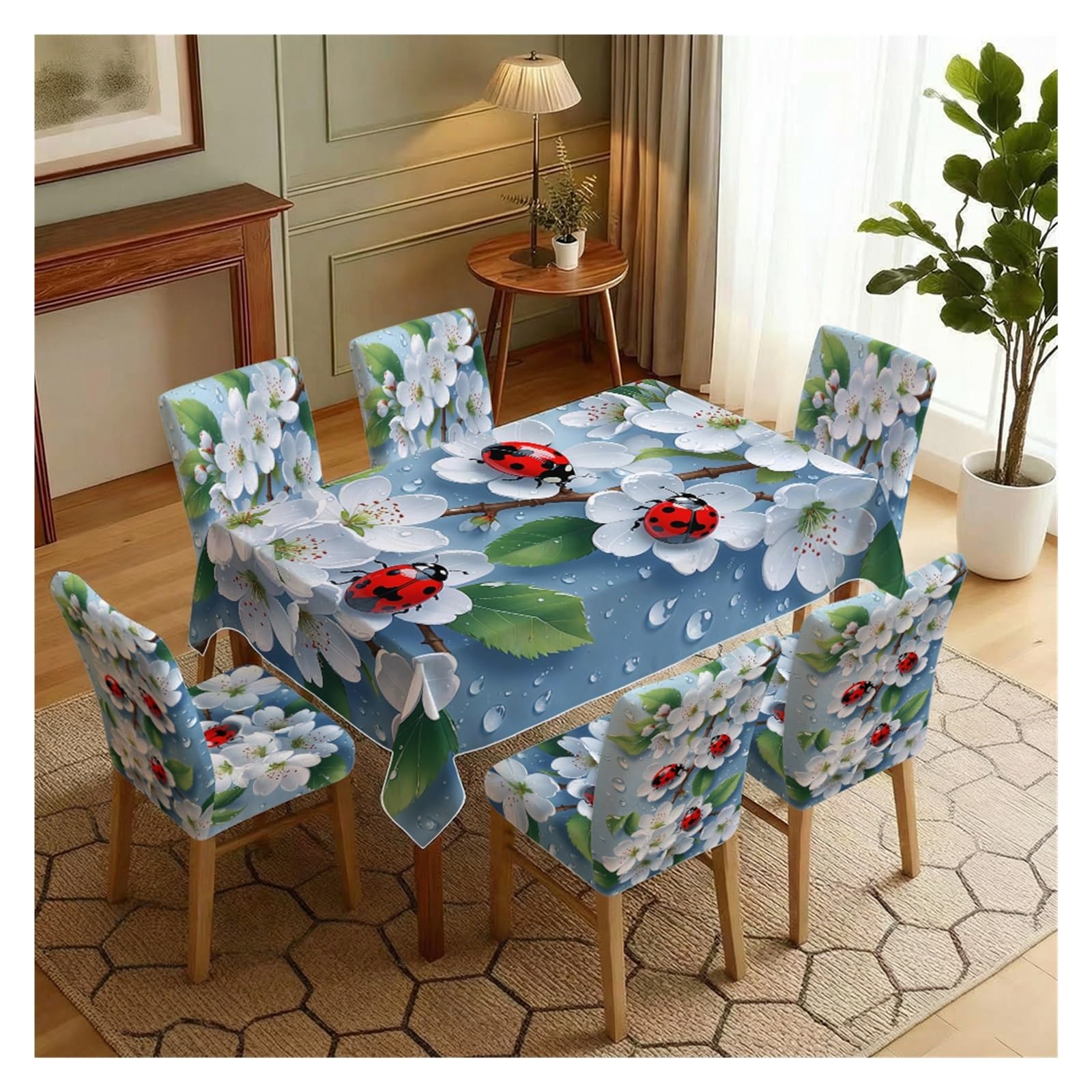 KXUAUV Cherry Blossom Ladybug Print Stretch Dining Chair Covers Tablecloth Set, For Kitchen Dining Living Room Spring Decor, 5/7 Pack Party Decor(7pcs Set: Tablecloth+Chair Covers)