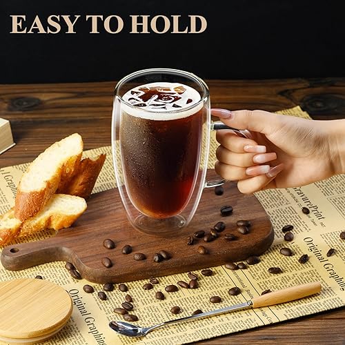 Miniatura 5 de PARACITY Tazas de café de vidrio de doble pared de 16 onzas con tapa/cuchara de bambú, juego de 2 tazas de café de vidrio con asa, taza de café