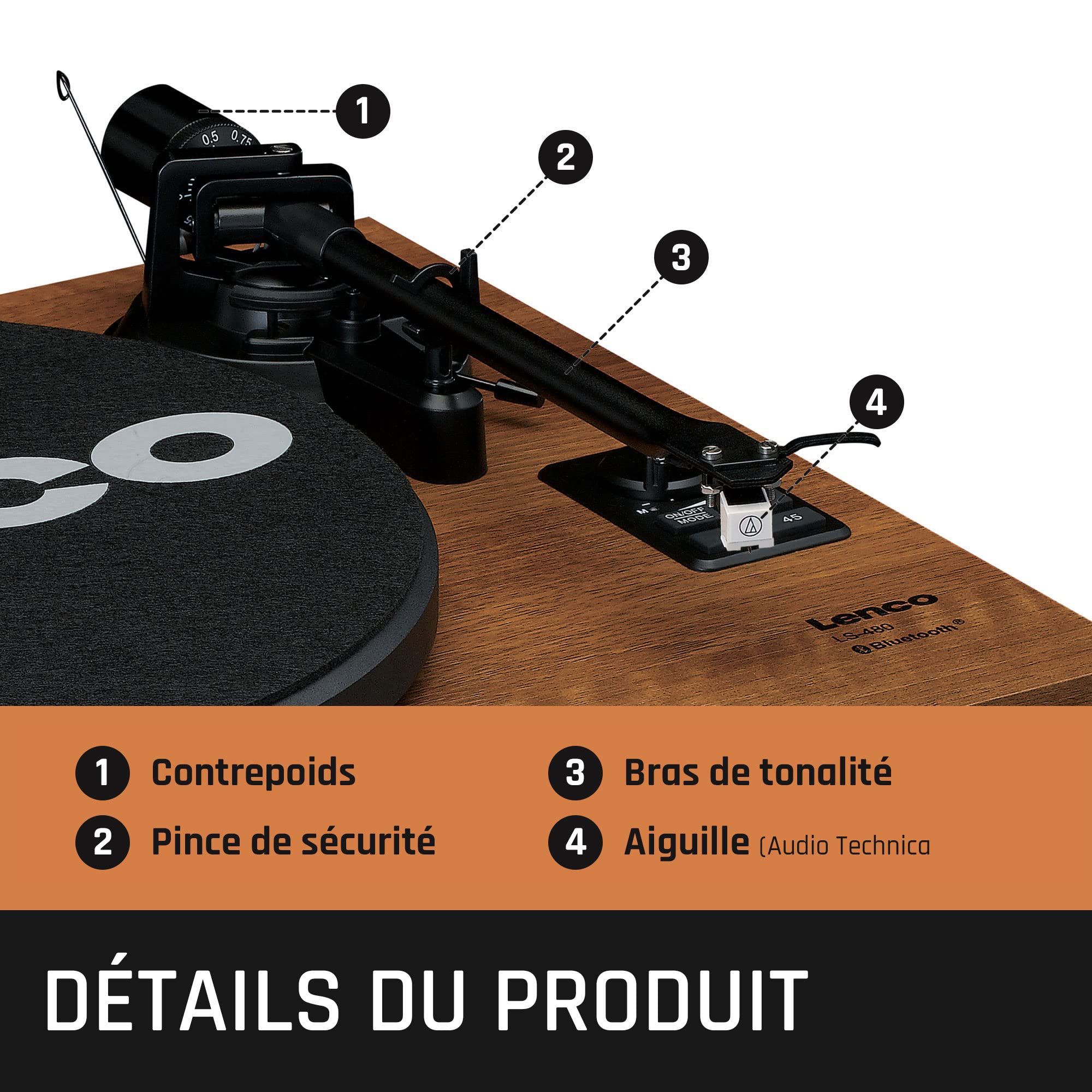 LENCO LS-480WD - Tourne-Disque avec amplificateur intégré et Bluetooth® Plus 2 Haut-parleurs externes, Bois