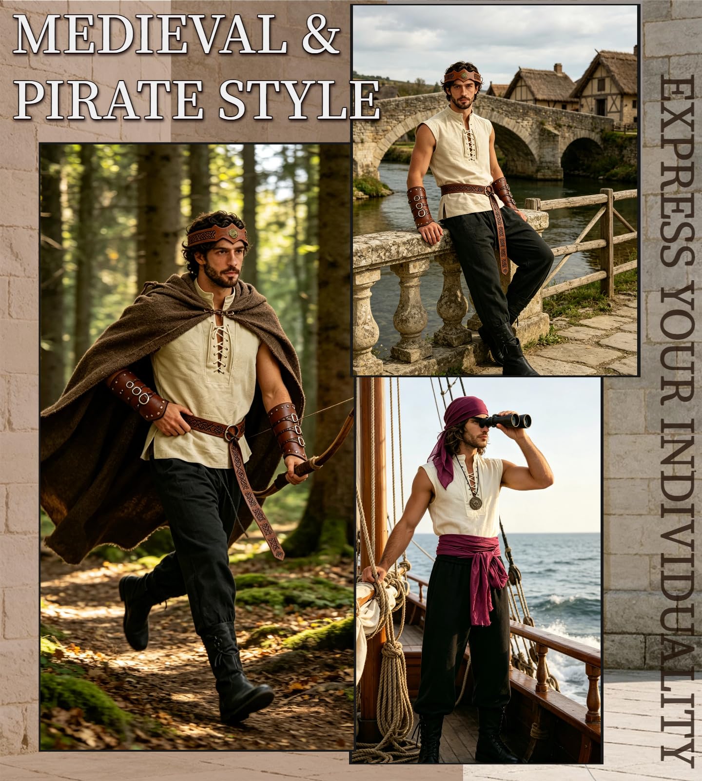 Set di abbigliamento medievale da uomo, costume vichingo, con camicia, pantaloni, fascia, braccia, cintura, per mercato medievale, rinascimentale, cosplay, Halloween, carnevale