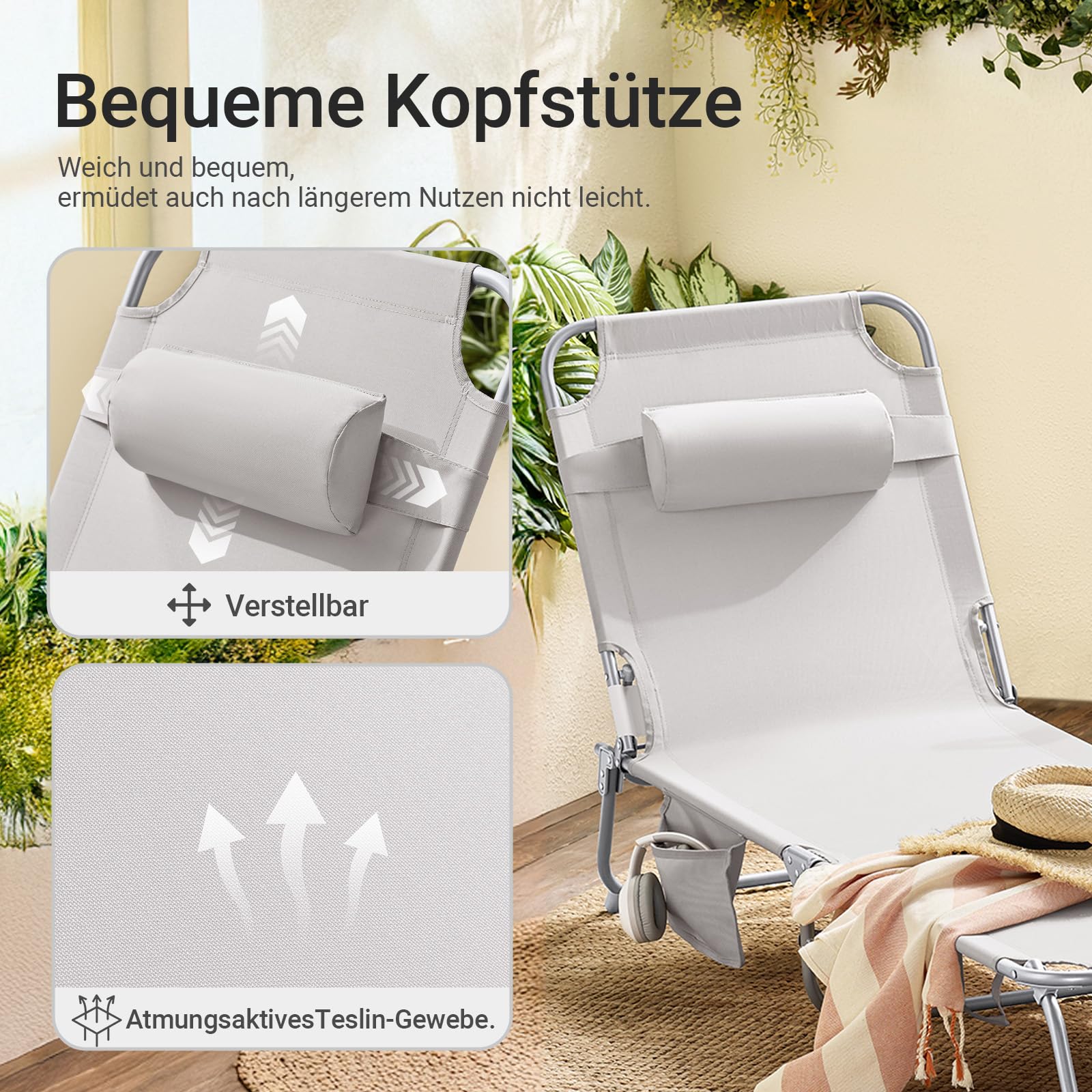 SoBuy OGS35-MI Leżak Plażowy Leżak Plażowy Ogrodowy Składane z Poduszką i Boczną Torbą Beżowy