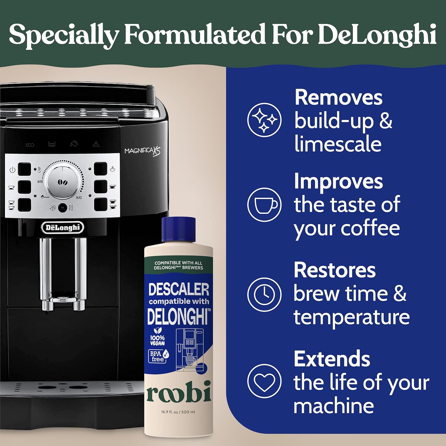 DeLonghi Compatible Descaling Solution. Clean & Descale your DeLonghi Coffee Maker. Single Bottle. Eco-Friendly Concentrated Formula. Carbon Neutral Cleaner Descaler Solution image 3 of 8 B0BRT26KJ3