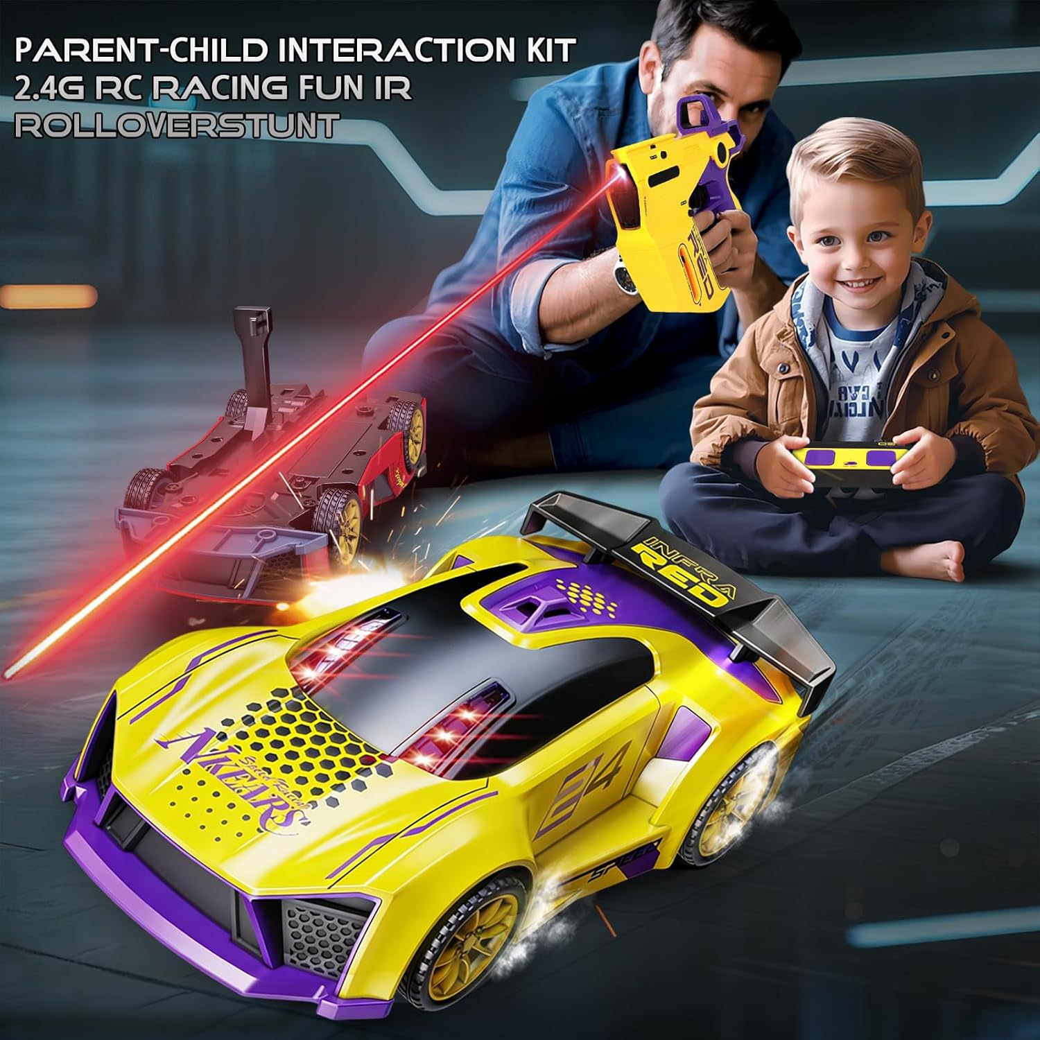 Remote Control Car with Shooting Game, 3 IN 1 Parent-Child Drift RC Car 2.4G Stunt Toys with Infrared Gun, Christmas Birthday Gifts for 3 4 5 6 7 8 9 10 Year Old Kids Boys Girls Age 4-7 8-12 (Yellow)