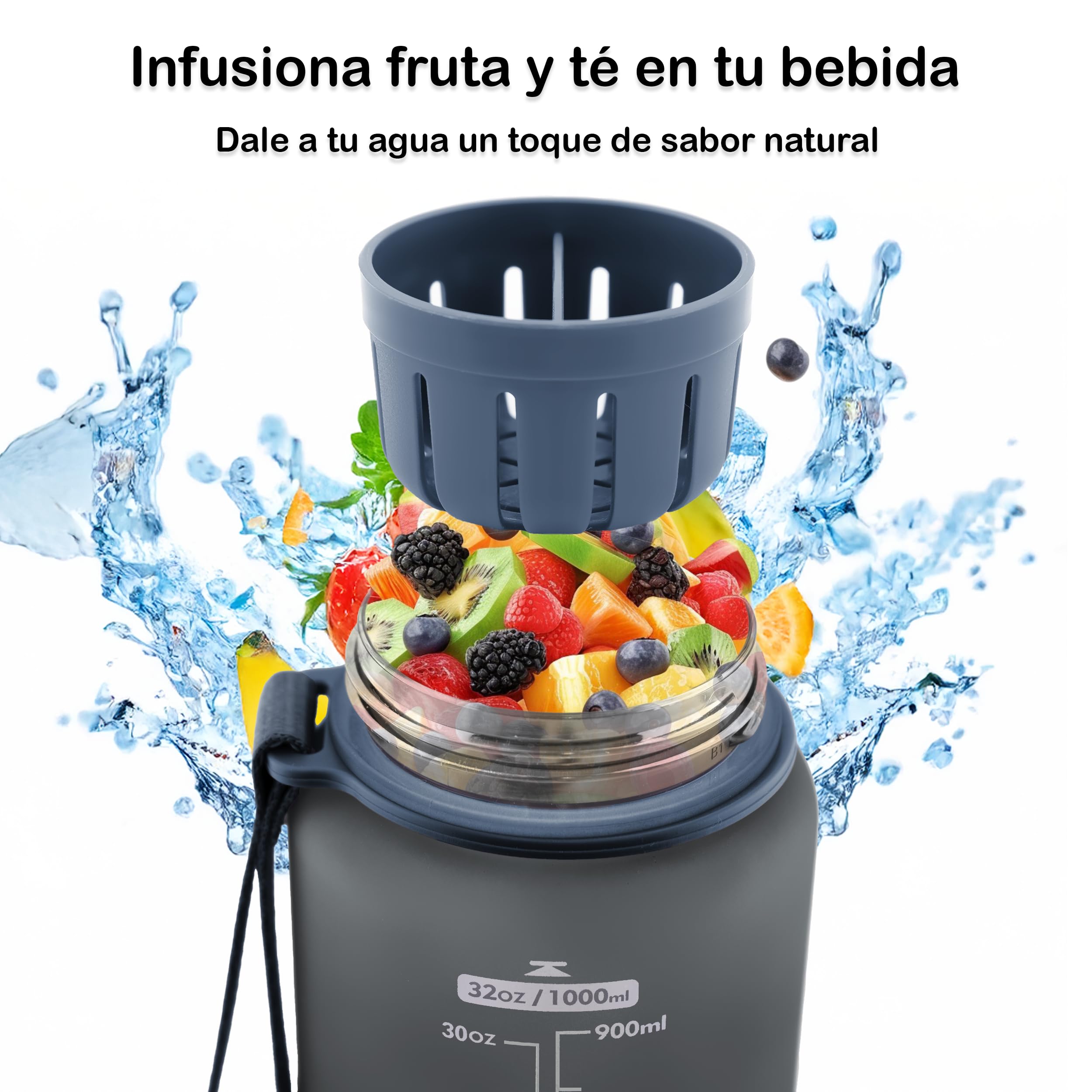 Otto Koning Botella Agua 1L Deportiva Sin BPA Hermética Boca Ancha Correa Resistente Reutilizable
