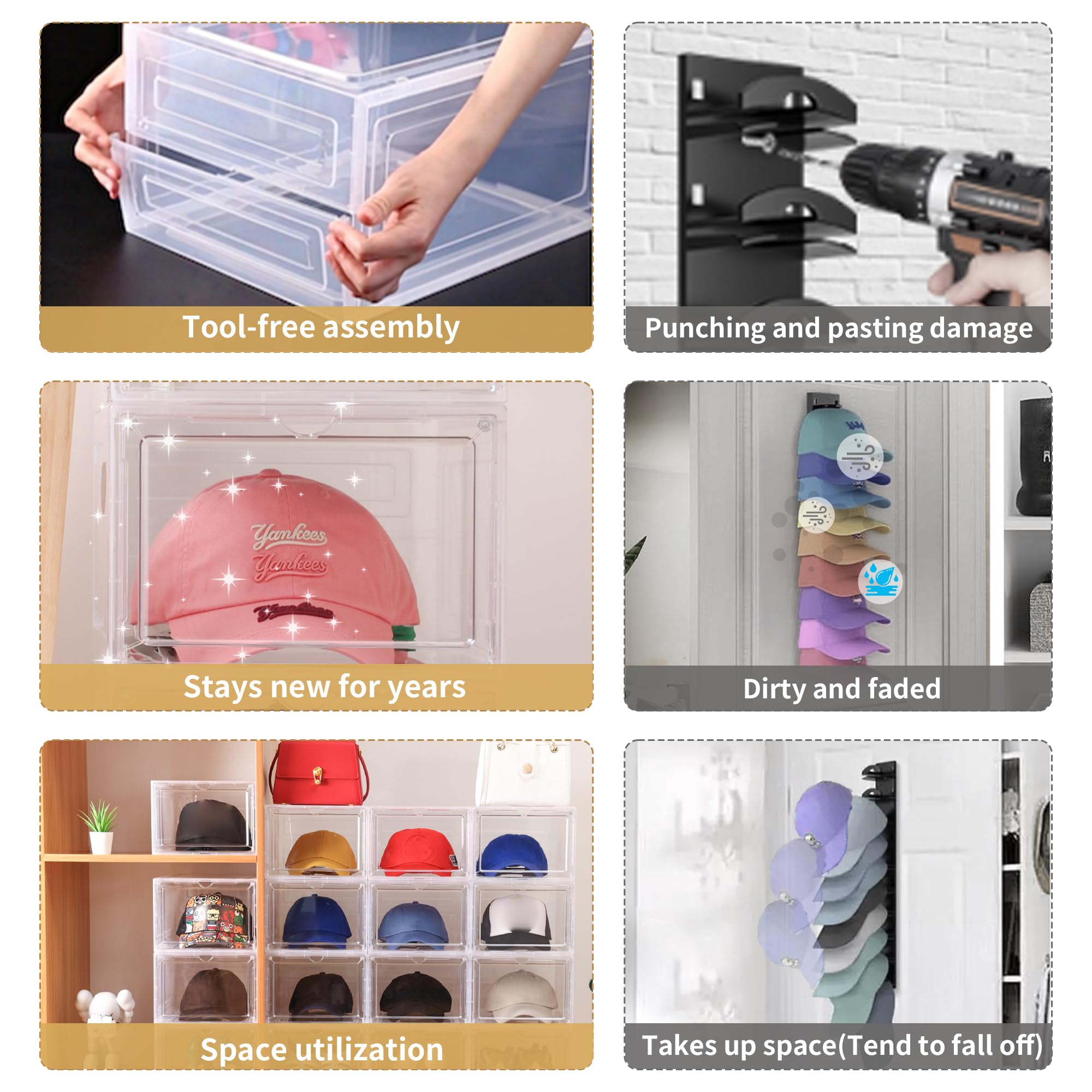 Attelite Organizer per cappelli in plastica solida per cappelli da baseball, confezione da 8 scatole impilabili per cappelli, porta cappelli con porta magnetica trasparente, elegante espositore per