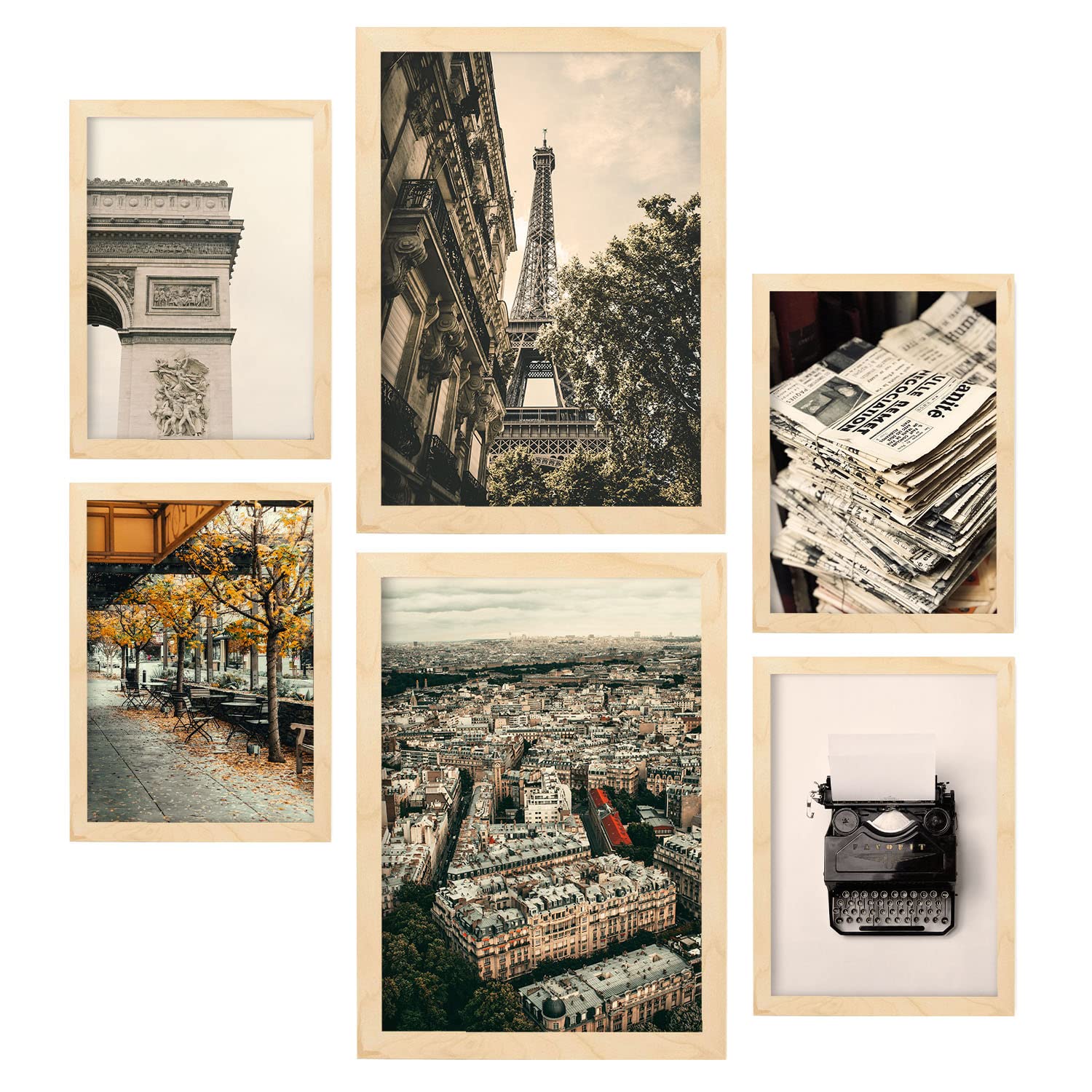 Nacnic - 6 obrazów dekoracyjnych w stylu vintage Paris - nowoczesny druk artystyczny do powieszenia pokoi domowych - druk fotograficzny - A3 i A4. ramki z jasnego drewna