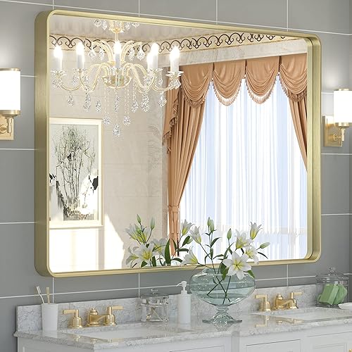 TETOTE Espejo de baño dorado de 48 x 36 pulgadas, espejo de tocador moderno con marco de metal cepillado dorado champán, espejos de pared