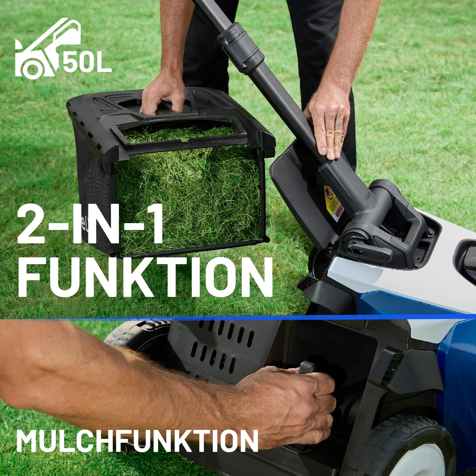 Litheli Easysurge Akku Rasenmäher Selbstfahrender, 43cm Schnittbreite mit Akku und Ladegerät, bis 500 m², 50L Fangkorb, 25-75 mm Schnitthöhe, Rasenmäher Eektro inkl. 4X 20V/ 4,0 Ah Akkus